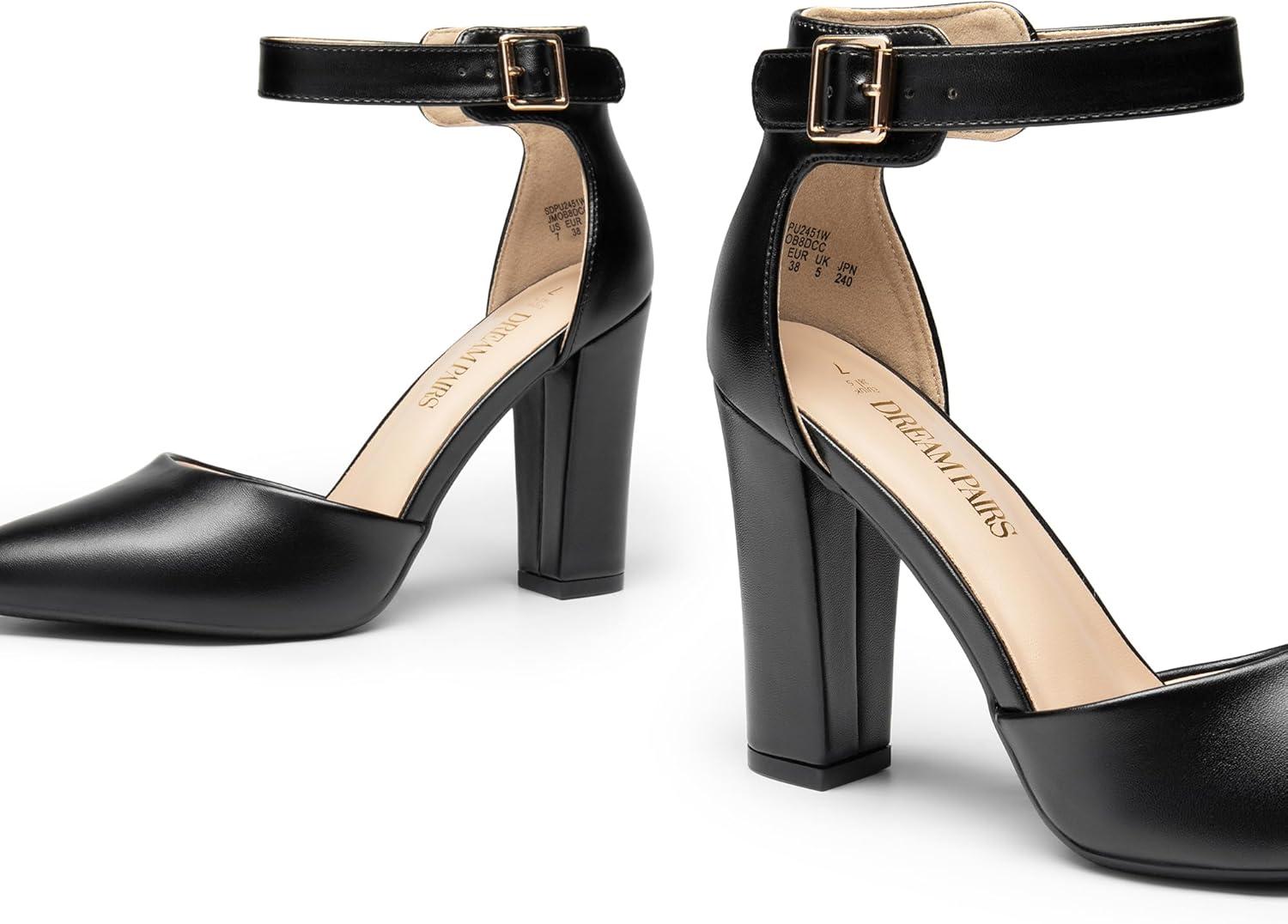 imageDREAM PAIRS Womens Chunky High Heels Dress Pumps Closed Pointed Toe Block Ankle Strap Shoes for Wedding PartyBlackpu