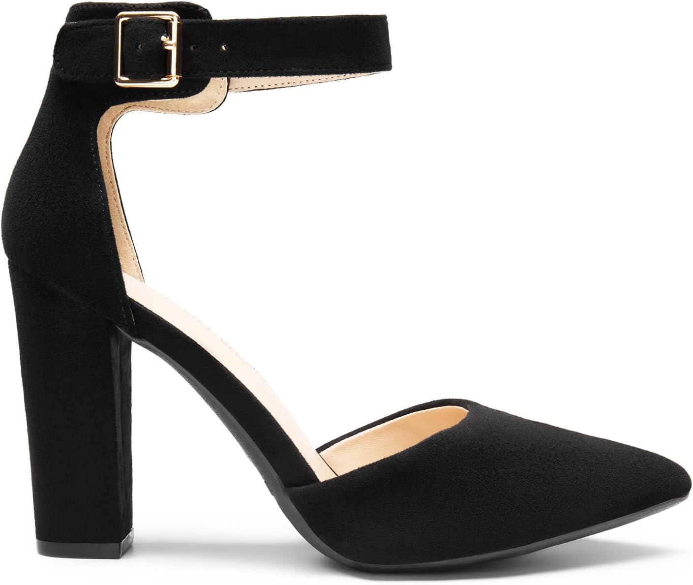 imageDREAM PAIRS Womens Chunky High Heels Dress Pumps Closed Pointed Toe Block Ankle Strap Shoes for Wedding PartyBlacksuede