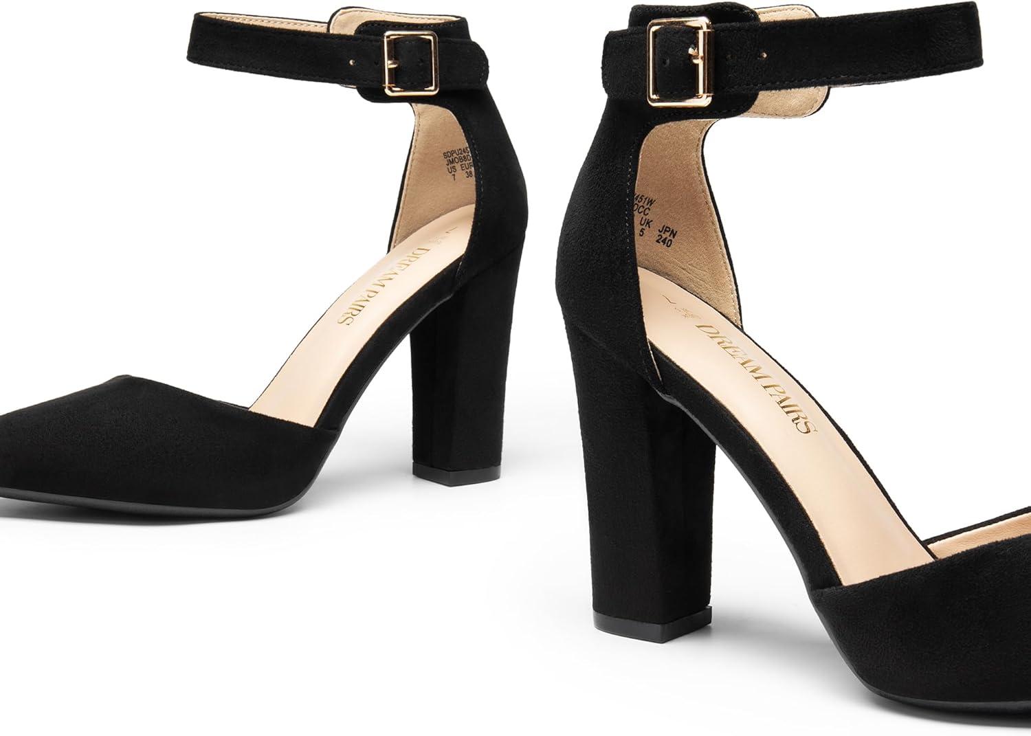 imageDREAM PAIRS Womens Chunky High Heels Dress Pumps Closed Pointed Toe Block Ankle Strap Shoes for Wedding PartyBlacksuede