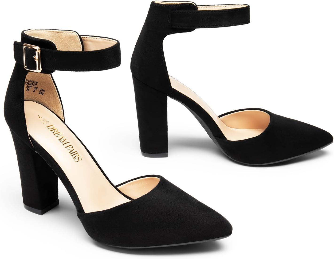 imageDREAM PAIRS Womens Chunky High Heels Dress Pumps Closed Pointed Toe Block Ankle Strap Shoes for Wedding PartyBlacksuede