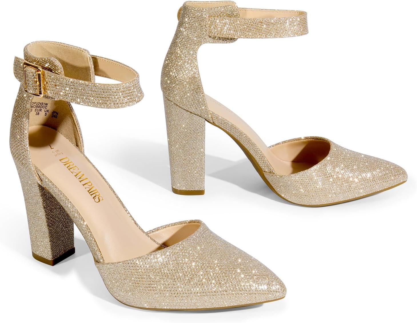 imageDREAM PAIRS Womens Chunky High Heels Dress Pumps Closed Pointed Toe Block Ankle Strap Shoes for Wedding PartyGoldglitter
