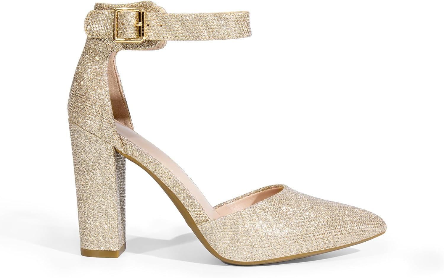 imageDREAM PAIRS Womens Chunky High Heels Dress Pumps Closed Pointed Toe Block Ankle Strap Shoes for Wedding PartyGoldglitter