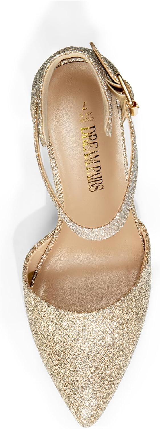 imageDREAM PAIRS Womens Chunky High Heels Dress Pumps Closed Pointed Toe Block Ankle Strap Shoes for Wedding PartyGoldglitter