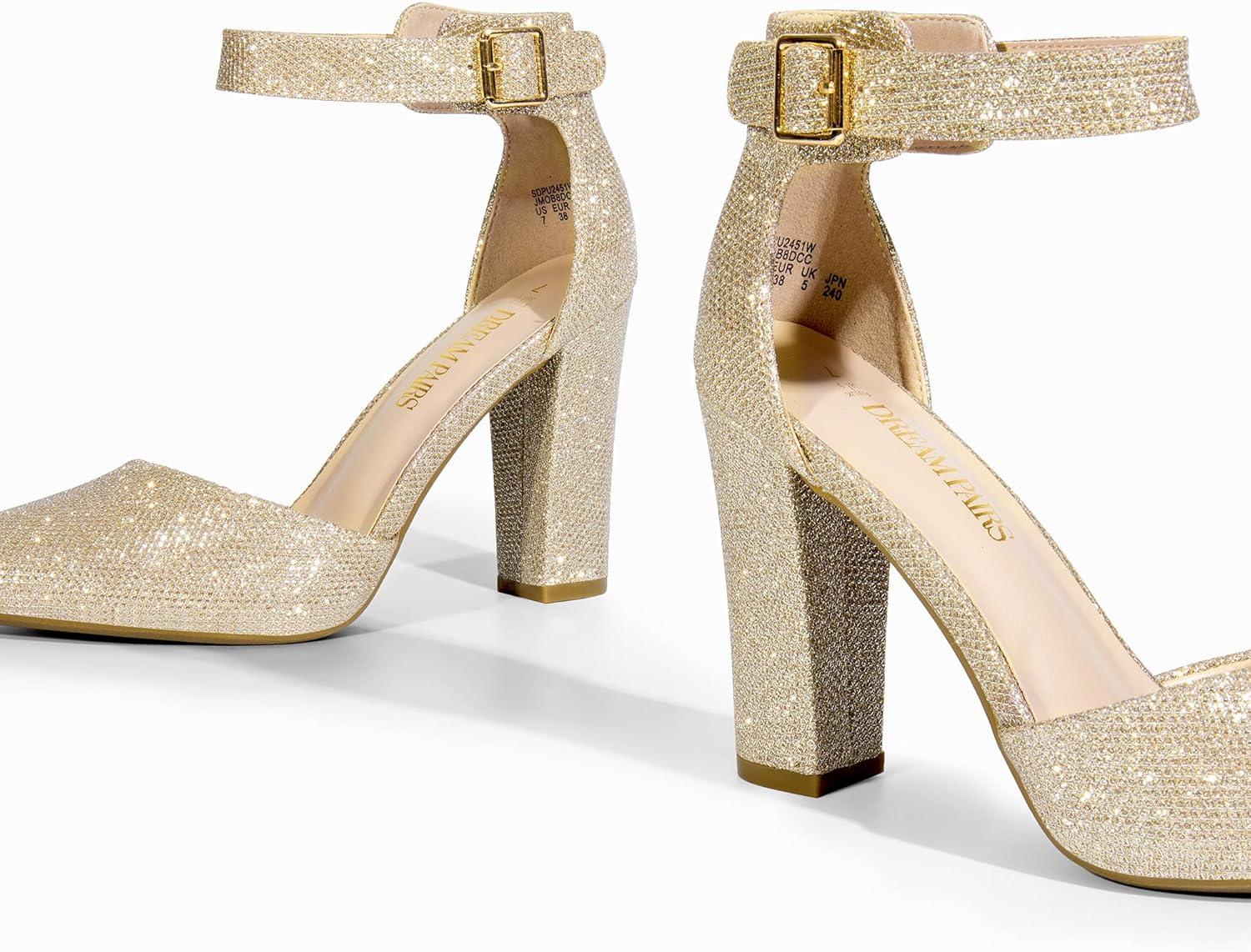 imageDREAM PAIRS Womens Chunky High Heels Dress Pumps Closed Pointed Toe Block Ankle Strap Shoes for Wedding PartyGoldglitter