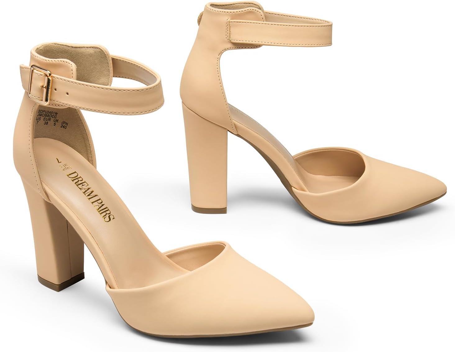 imageDREAM PAIRS Womens Chunky High Heels Dress Pumps Closed Pointed Toe Block Ankle Strap Shoes for Wedding PartyNudenubuck
