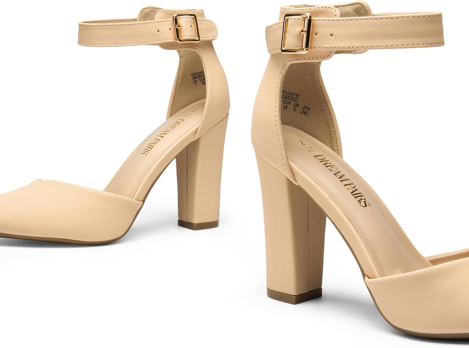 imageDREAM PAIRS Womens Chunky High Heels Dress Pumps Closed Pointed Toe Block Ankle Strap Shoes for Wedding PartyNudenubuck