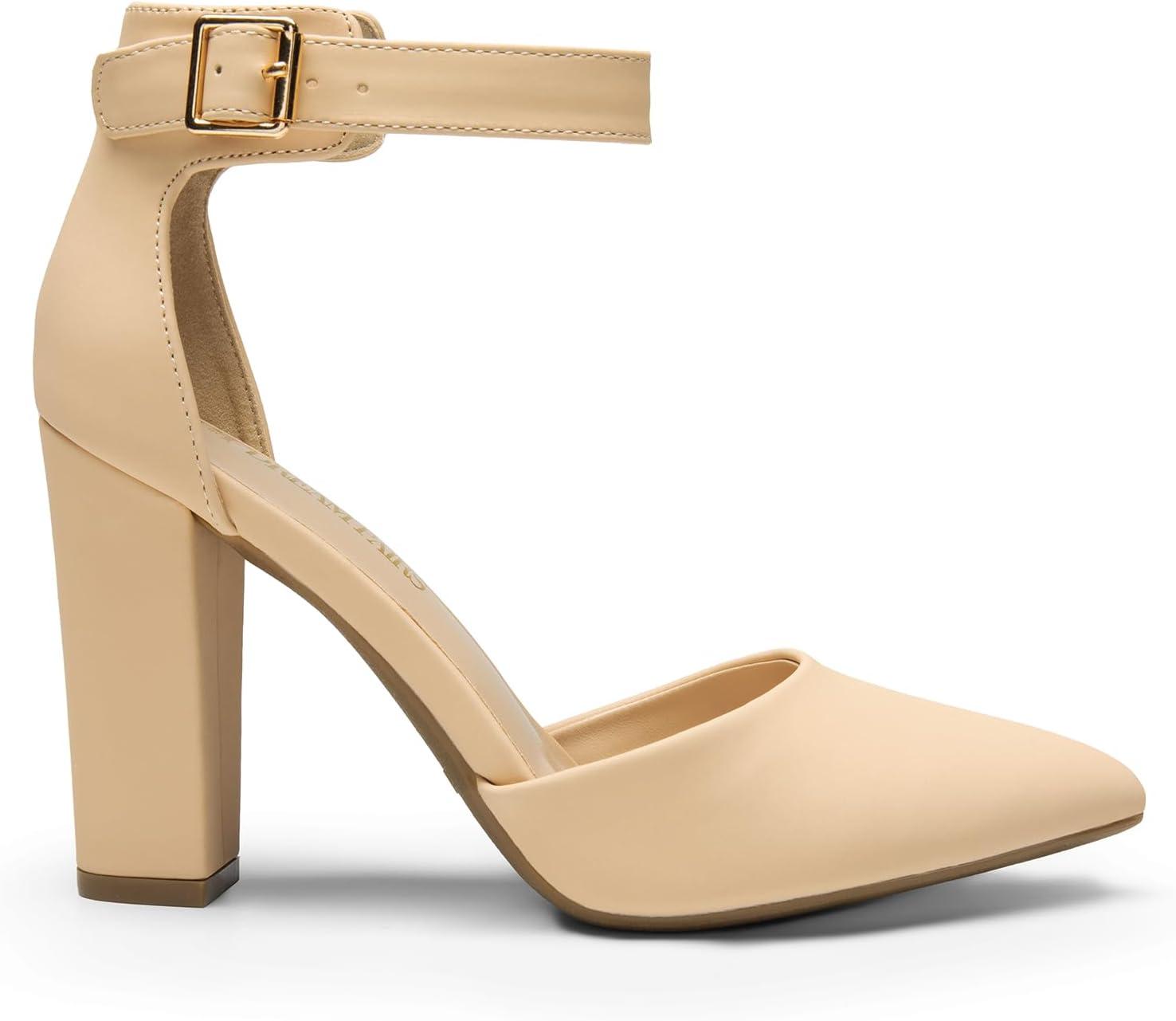 imageDREAM PAIRS Womens Chunky High Heels Dress Pumps Closed Pointed Toe Block Ankle Strap Shoes for Wedding PartyNudenubuck