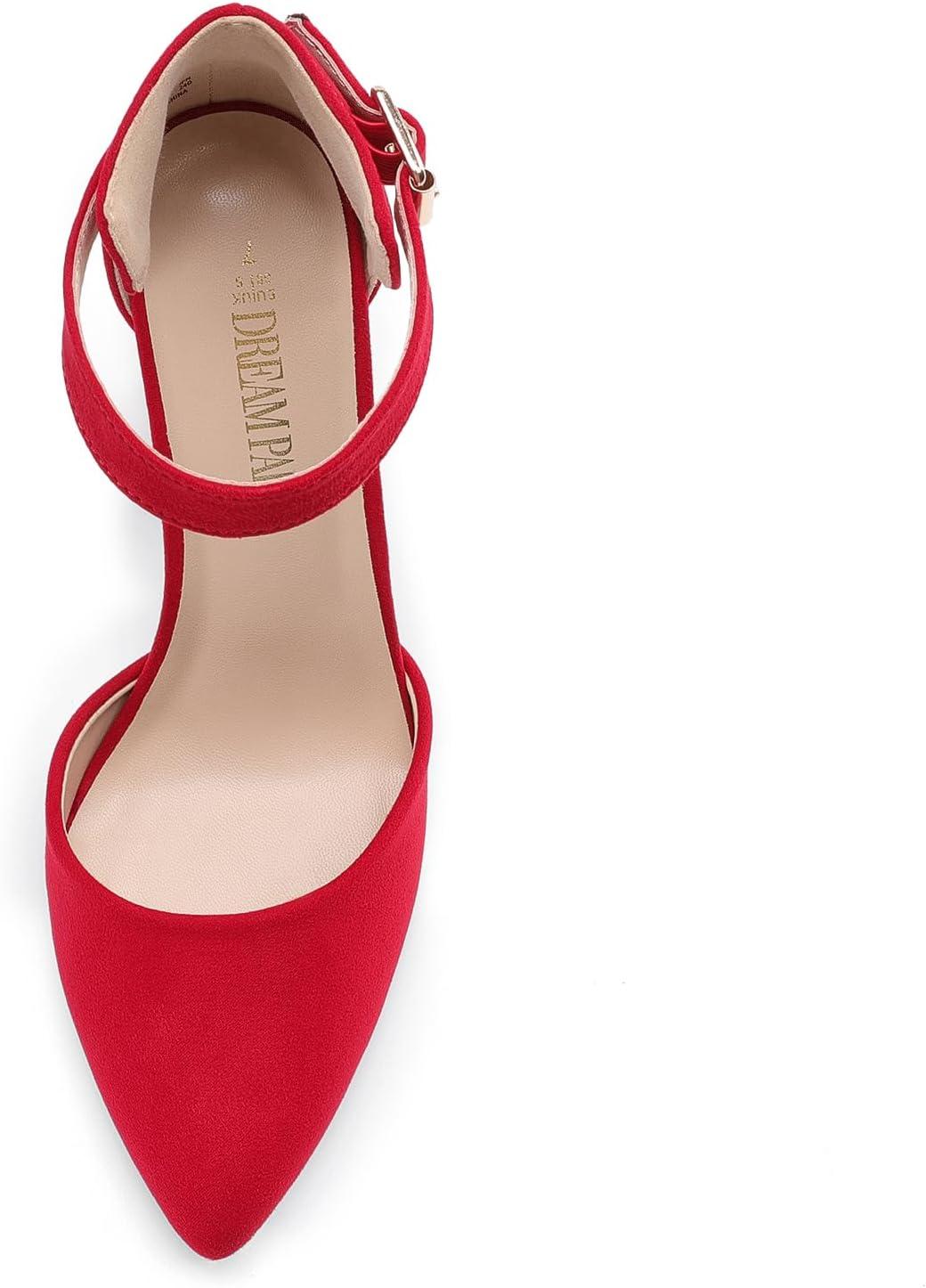 imageDREAM PAIRS Womens Chunky High Heels Dress Pumps Closed Pointed Toe Block Ankle Strap Shoes for Wedding PartyRed