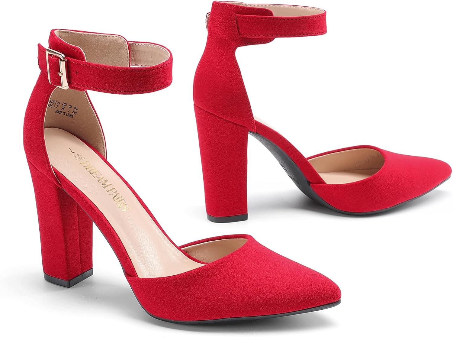 imageDREAM PAIRS Womens Chunky High Heels Dress Pumps Closed Pointed Toe Block Ankle Strap Shoes for Wedding PartyRed
