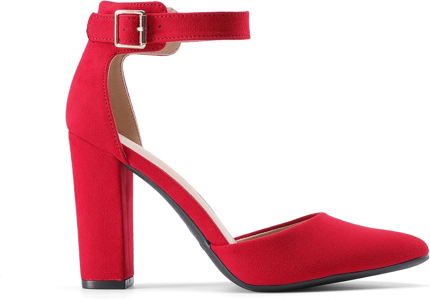 imageDREAM PAIRS Womens Chunky High Heels Dress Pumps Closed Pointed Toe Block Ankle Strap Shoes for Wedding PartyRed