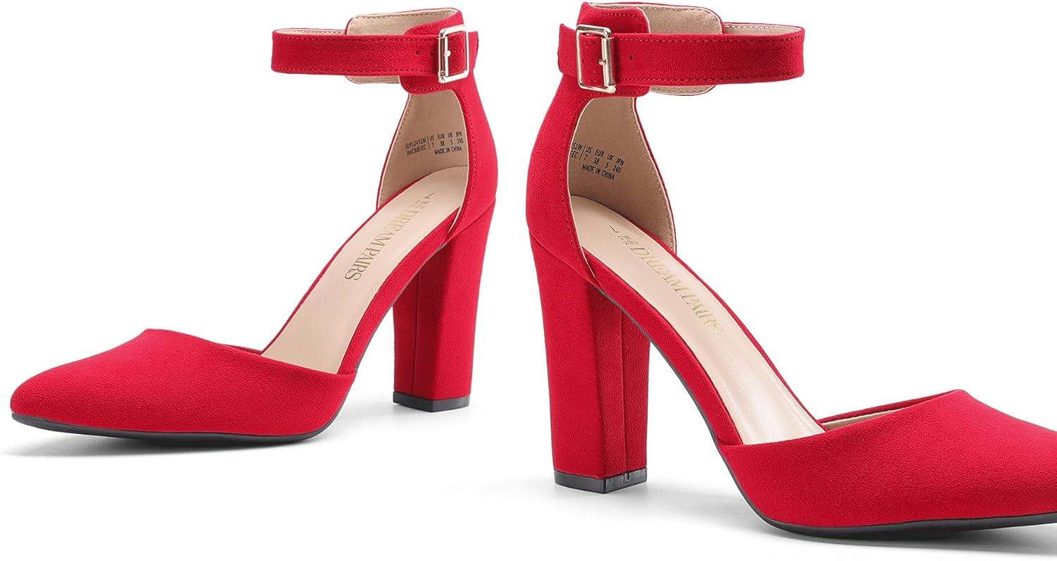 imageDREAM PAIRS Womens Chunky High Heels Dress Pumps Closed Pointed Toe Block Ankle Strap Shoes for Wedding PartyRed