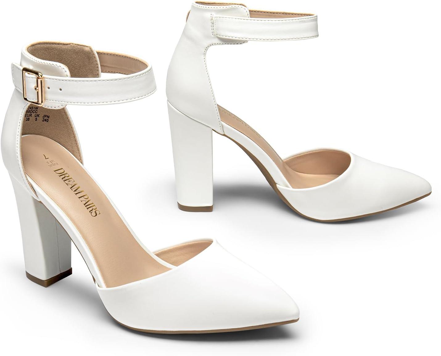 imageDREAM PAIRS Womens Chunky High Heels Dress Pumps Closed Pointed Toe Block Ankle Strap Shoes for Wedding PartyWhitepu