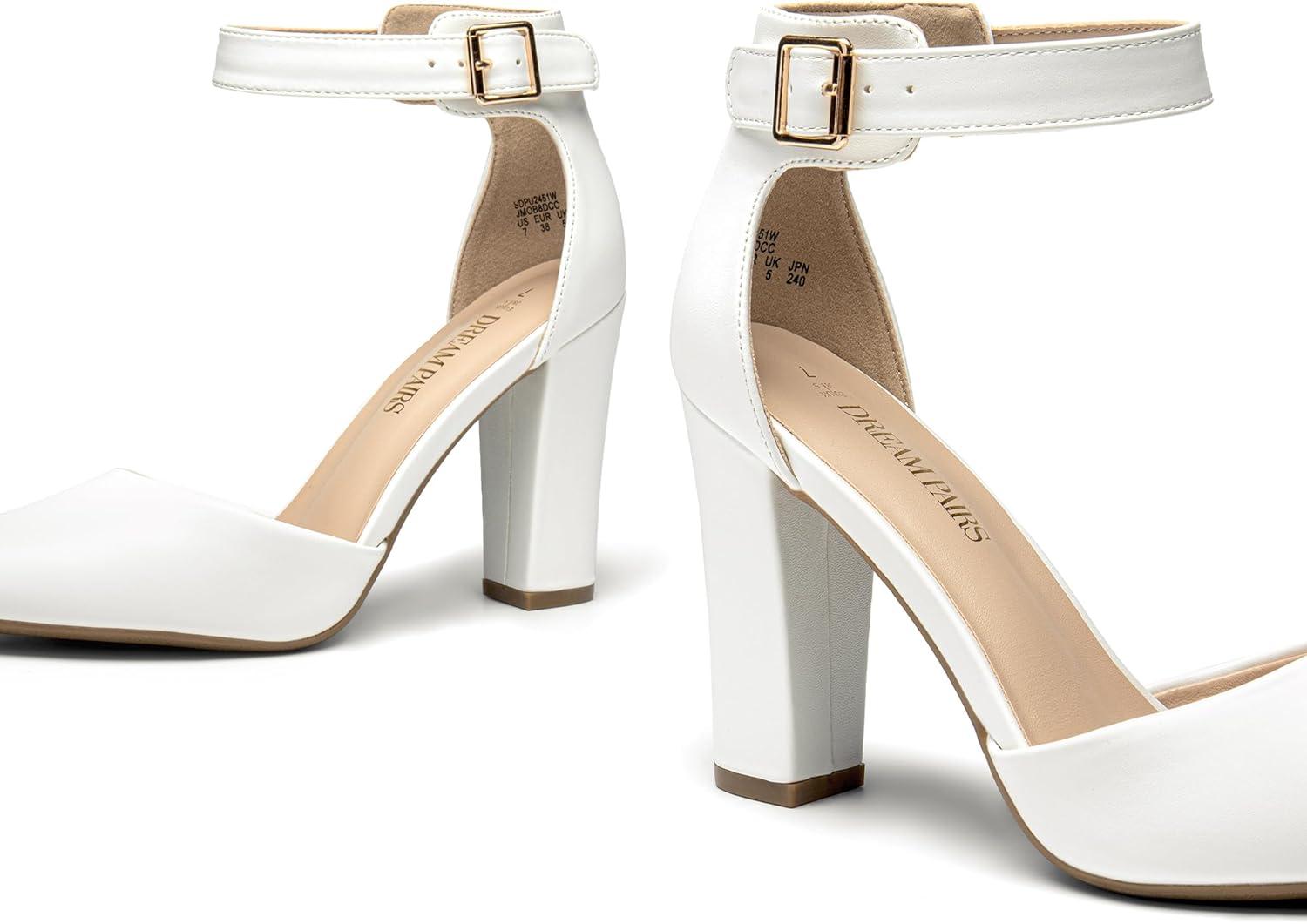 imageDREAM PAIRS Womens Chunky High Heels Dress Pumps Closed Pointed Toe Block Ankle Strap Shoes for Wedding PartyWhitepu