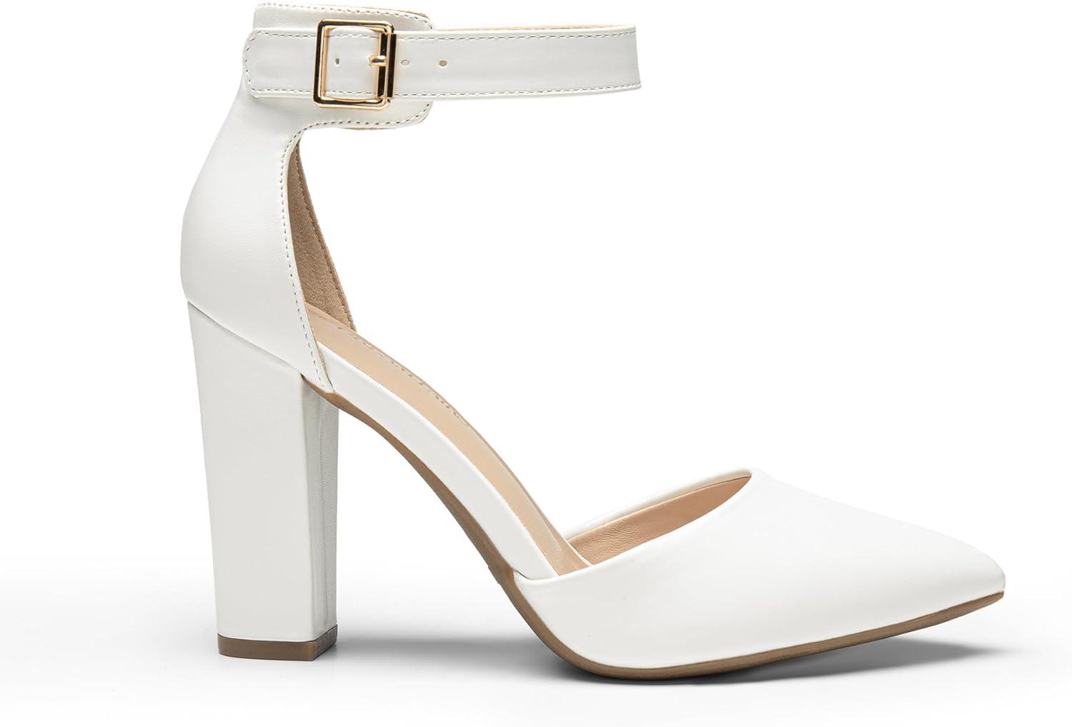 imageDREAM PAIRS Womens Chunky High Heels Dress Pumps Closed Pointed Toe Block Ankle Strap Shoes for Wedding PartyWhitepu