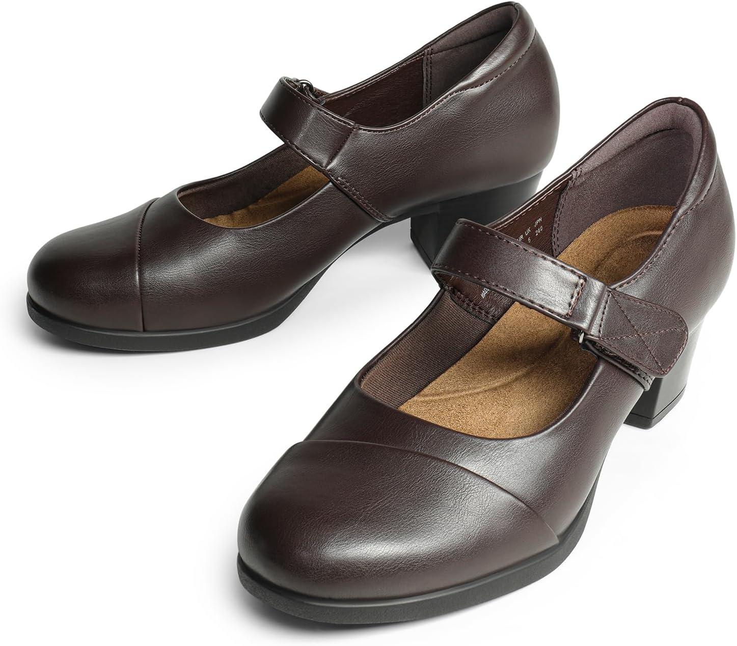 imageDREAM PAIRS Womens Chunky Low Block Closed Toe Heels Mary Janes Pumps Comfortable Round Toe Dress Work Wedding ShoesBrown