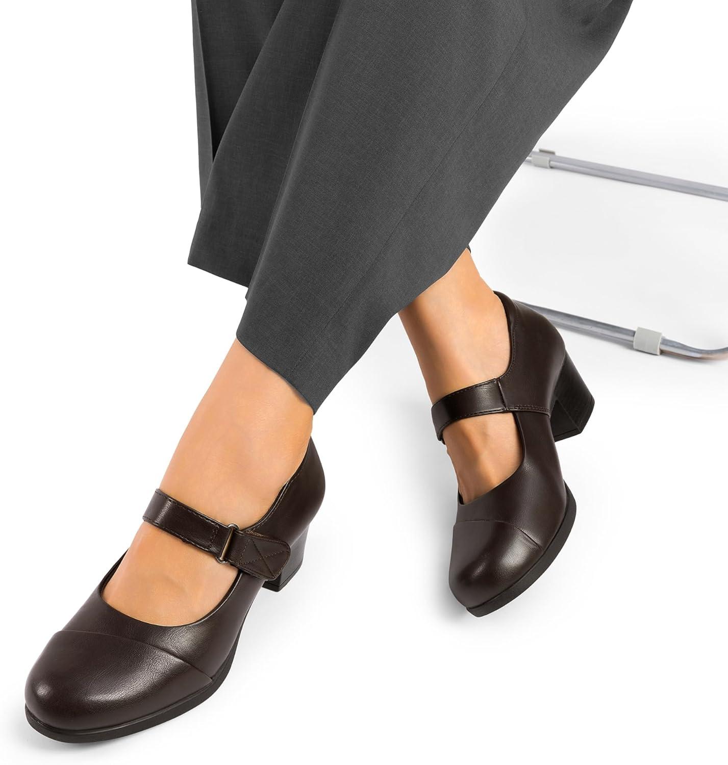 imageDREAM PAIRS Womens Chunky Low Block Closed Toe Heels Mary Janes Pumps Comfortable Round Toe Dress Work Wedding ShoesBrown