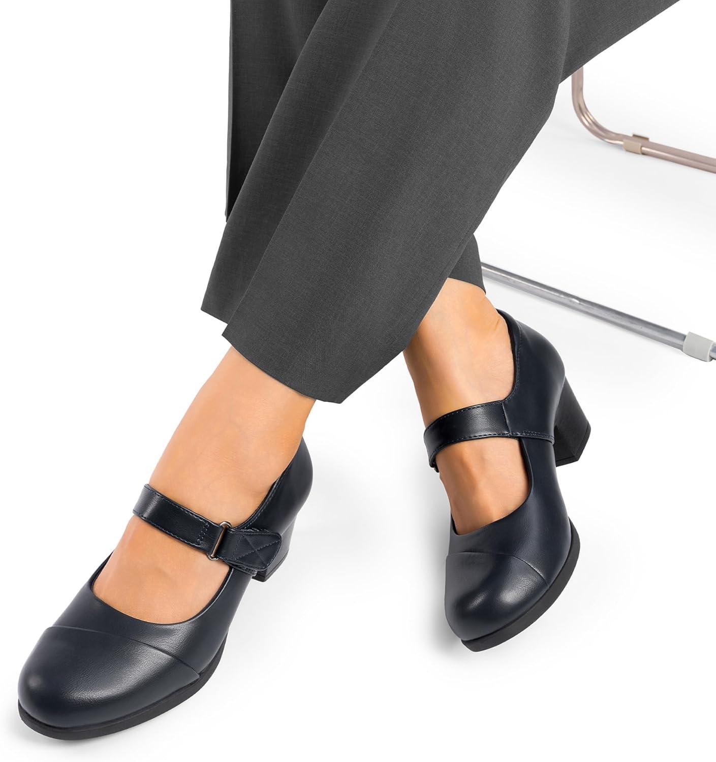 imageDREAM PAIRS Womens Chunky Low Block Closed Toe Heels Mary Janes Pumps Comfortable Round Toe Dress Work Wedding ShoesNavy