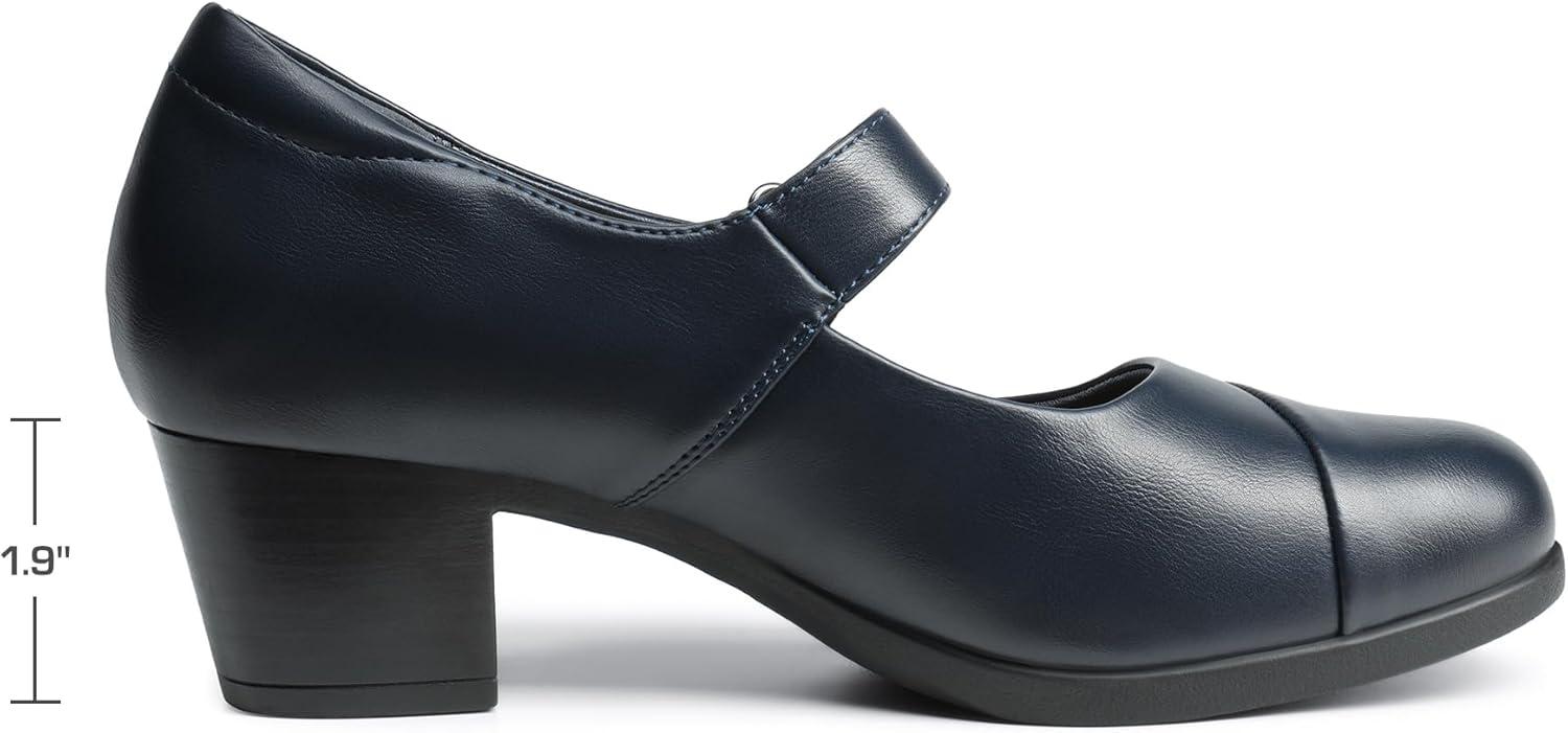 imageDREAM PAIRS Womens Chunky Low Block Closed Toe Heels Mary Janes Pumps Comfortable Round Toe Dress Work Wedding ShoesNavy