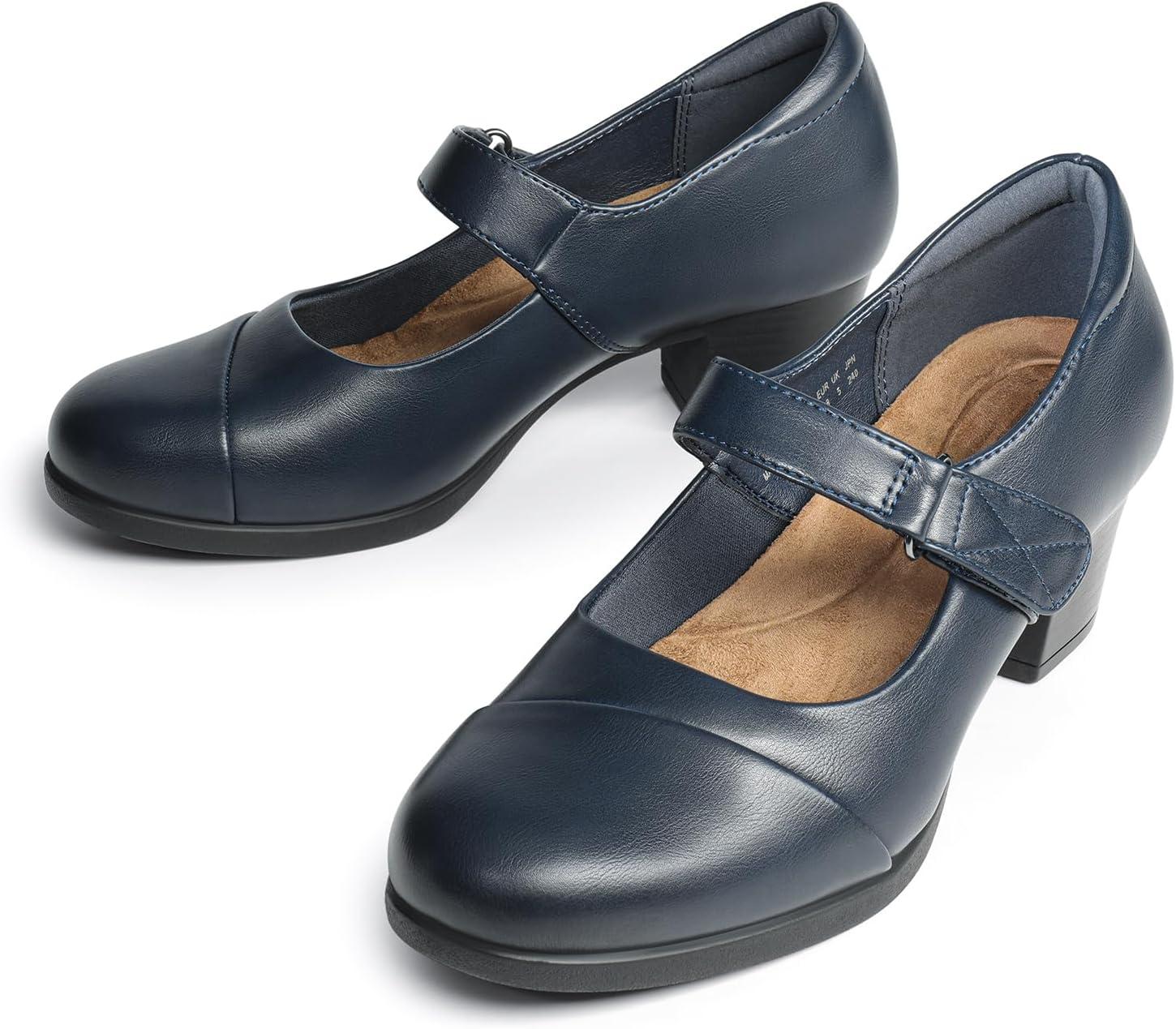 imageDREAM PAIRS Womens Chunky Low Block Closed Toe Heels Mary Janes Pumps Comfortable Round Toe Dress Work Wedding ShoesNavy