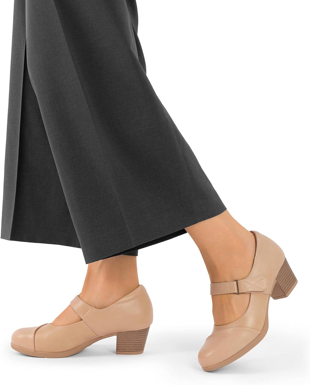 imageDREAM PAIRS Womens Chunky Low Block Closed Toe Heels Mary Janes Pumps Comfortable Round Toe Dress Work Wedding ShoesNudepu