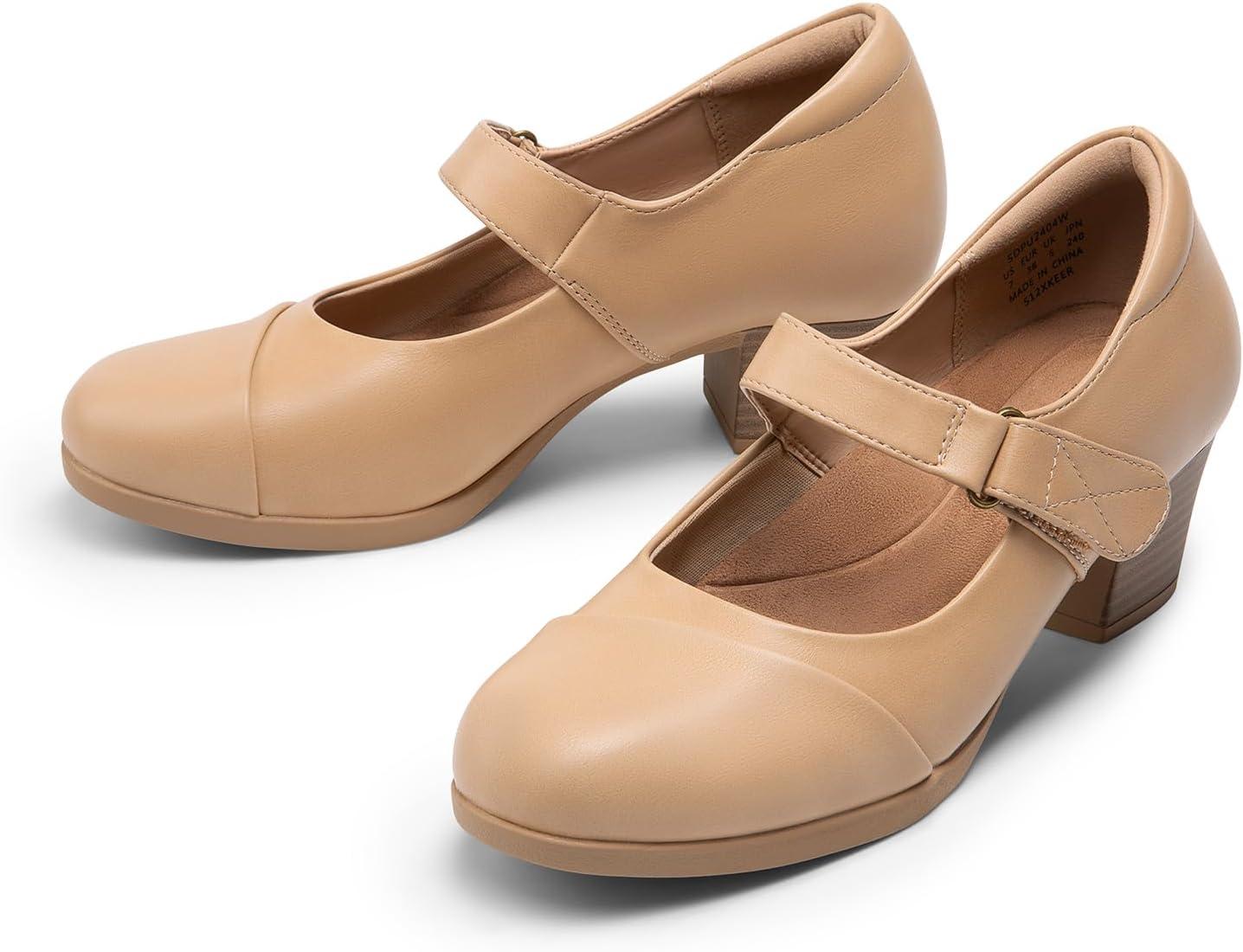 imageDREAM PAIRS Womens Chunky Low Block Closed Toe Heels Mary Janes Pumps Comfortable Round Toe Dress Work Wedding ShoesNudepu