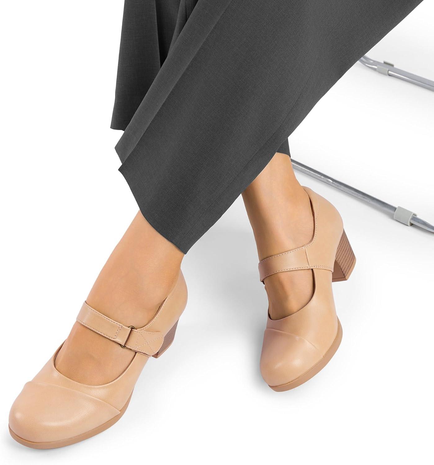 imageDREAM PAIRS Womens Chunky Low Block Closed Toe Heels Mary Janes Pumps Comfortable Round Toe Dress Work Wedding ShoesNudepu