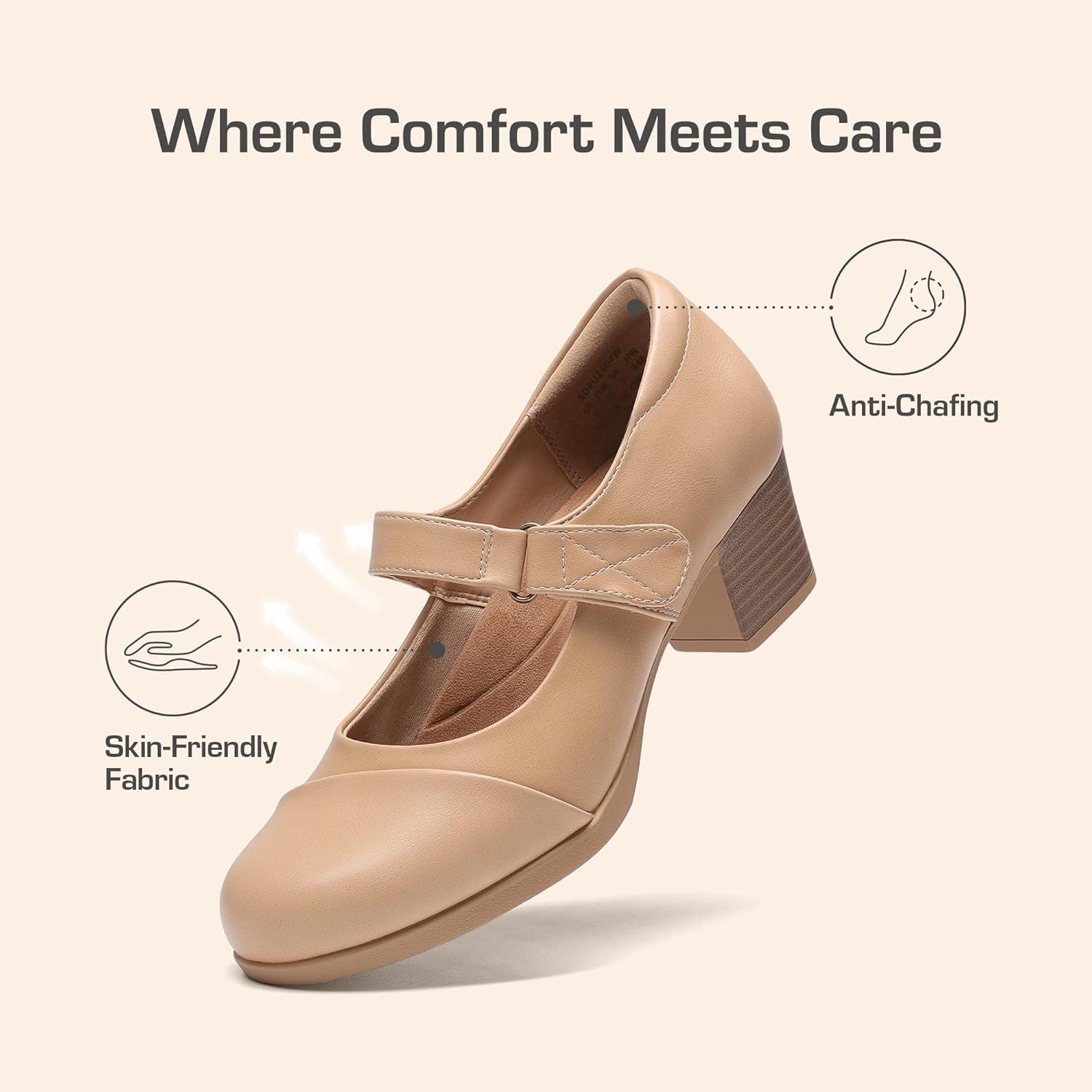 imageDREAM PAIRS Womens Chunky Low Block Closed Toe Heels Mary Janes Pumps Comfortable Round Toe Dress Work Wedding ShoesNudepu