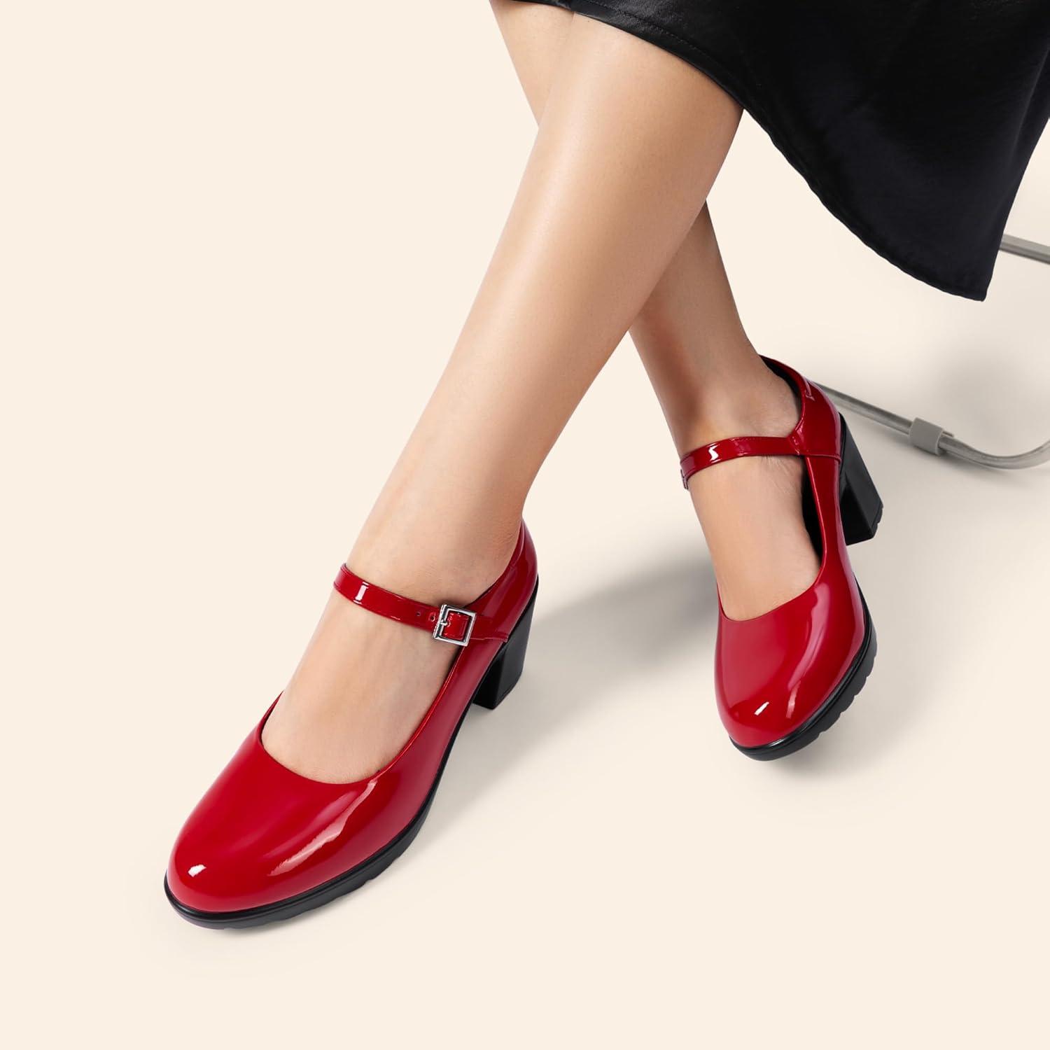 imageDREAM PAIRS Womens Chunky Low Block Heels Mary Jane Closed Toe Work Pumps Comfortable Round Toe Dress Wedding Shoes EDENIARedpat