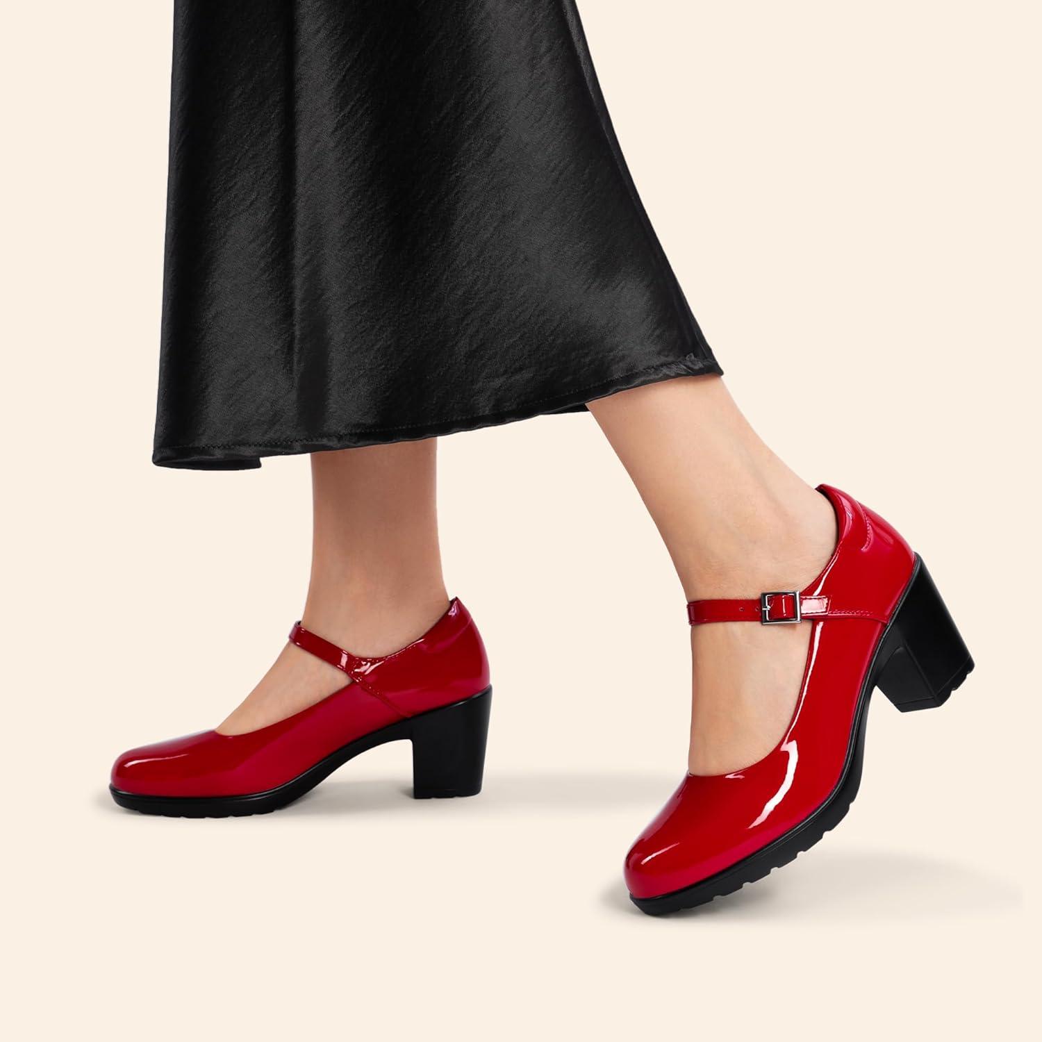 imageDREAM PAIRS Womens Chunky Low Block Heels Mary Jane Closed Toe Work Pumps Comfortable Round Toe Dress Wedding Shoes EDENIARedpat