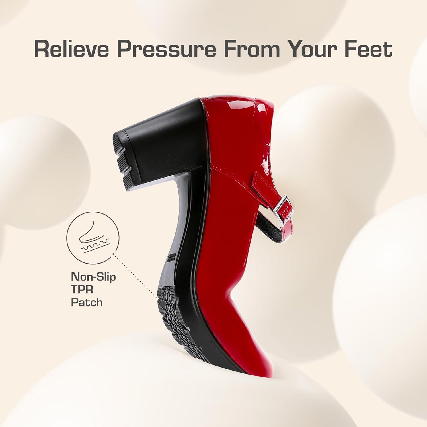 imageDREAM PAIRS Womens Chunky Low Block Heels Mary Jane Closed Toe Work Pumps Comfortable Round Toe Dress Wedding Shoes EDENIARedpat