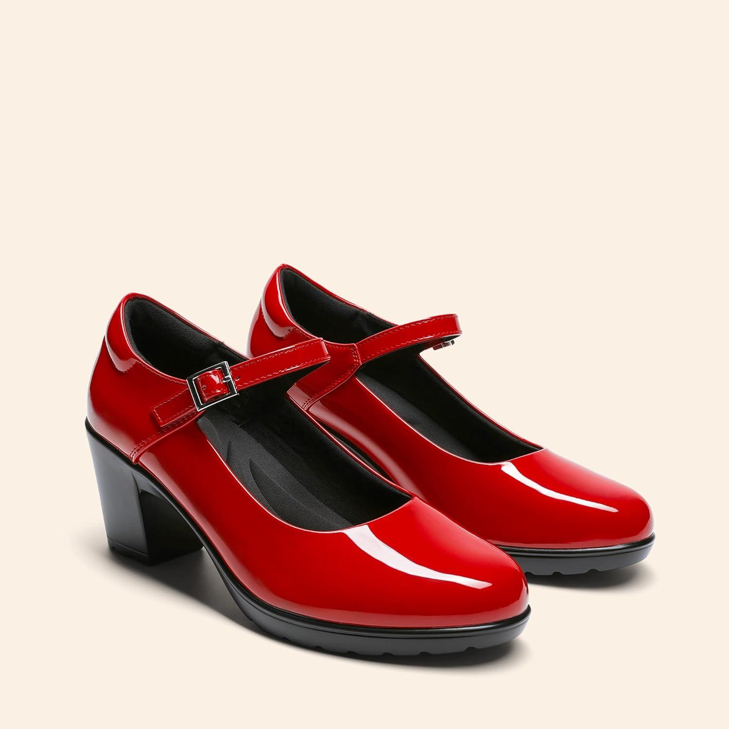 imageDREAM PAIRS Womens Chunky Low Block Heels Mary Jane Closed Toe Work Pumps Comfortable Round Toe Dress Wedding Shoes EDENIARedpat