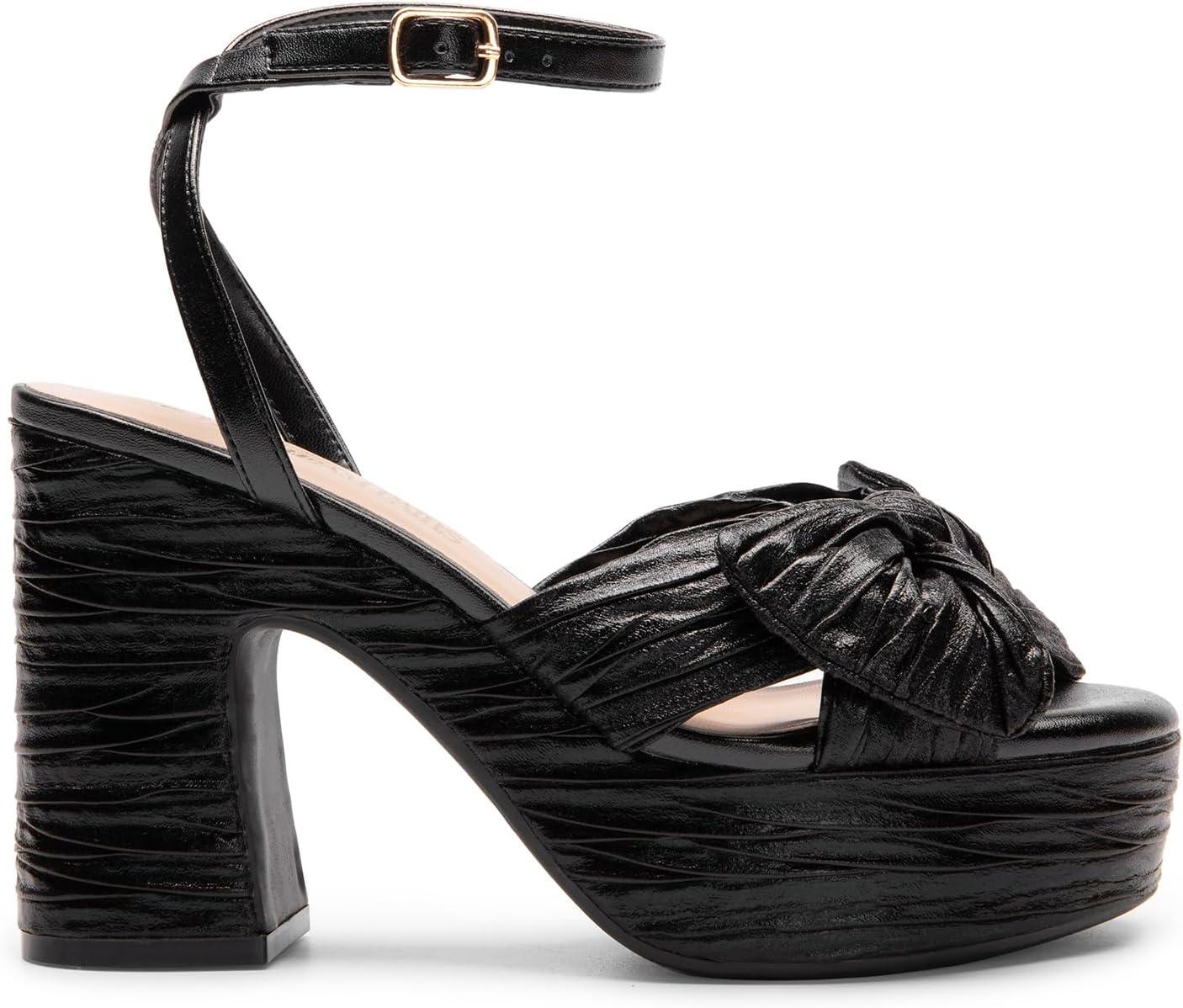 imageDREAM PAIRS Womens Chunky Platform Heels Sandals Pleated Bow Knot Ankle Buckle Strap Heeled Sandals Open Toe Comfortable Wedding Party Dress ShoesBlack