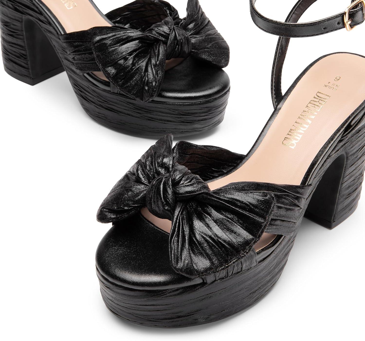 imageDREAM PAIRS Womens Chunky Platform Heels Sandals Pleated Bow Knot Ankle Buckle Strap Heeled Sandals Open Toe Comfortable Wedding Party Dress ShoesBlack