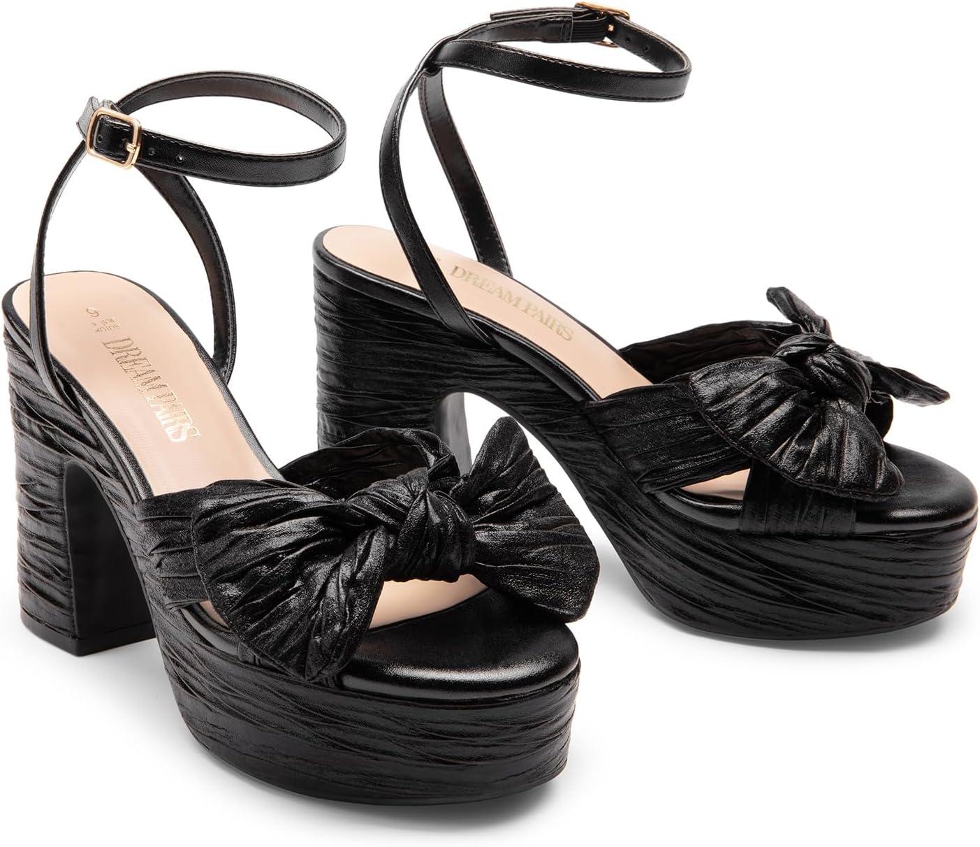 imageDREAM PAIRS Womens Chunky Platform Heels Sandals Pleated Bow Knot Ankle Buckle Strap Heeled Sandals Open Toe Comfortable Wedding Party Dress ShoesBlack