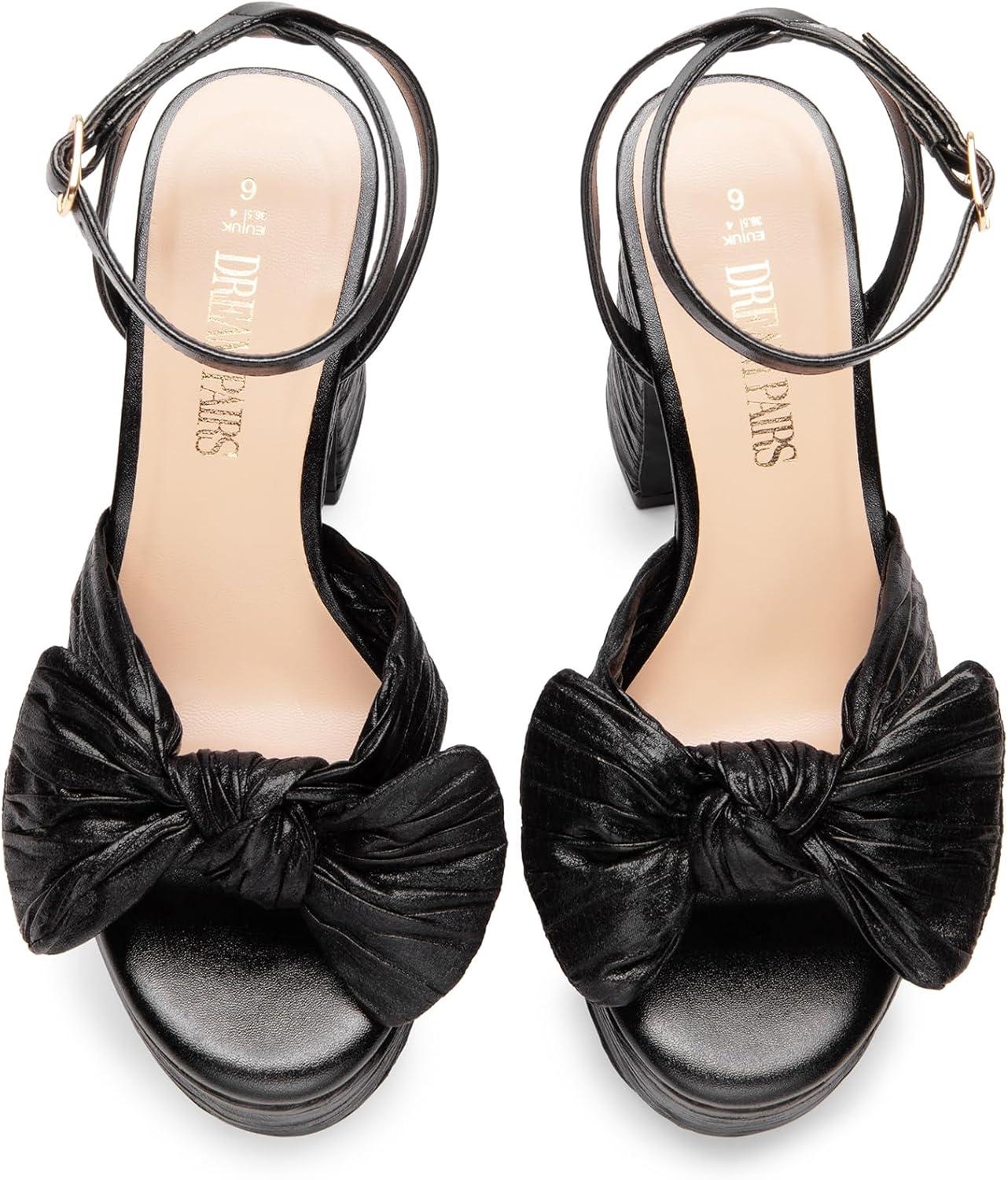 imageDREAM PAIRS Womens Chunky Platform Heels Sandals Pleated Bow Knot Ankle Buckle Strap Heeled Sandals Open Toe Comfortable Wedding Party Dress ShoesBlack