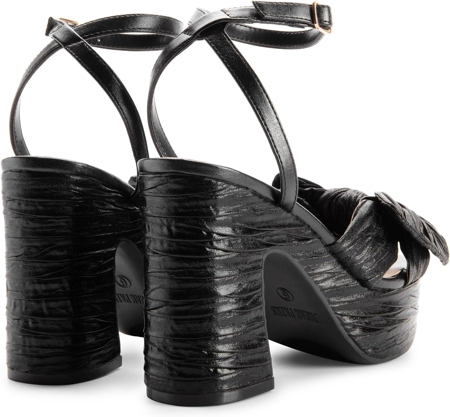 imageDREAM PAIRS Womens Chunky Platform Heels Sandals Pleated Bow Knot Ankle Buckle Strap Heeled Sandals Open Toe Comfortable Wedding Party Dress ShoesBlack