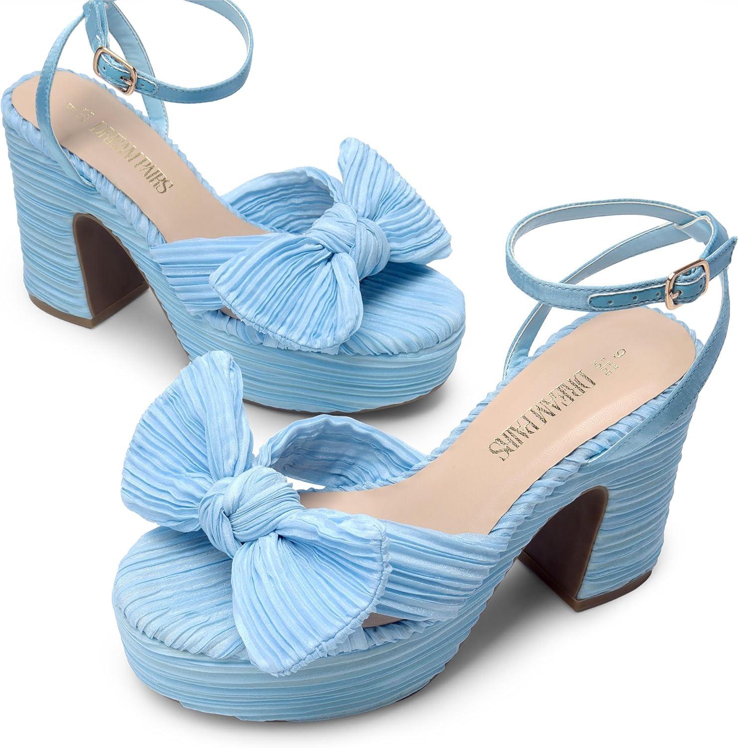 imageDREAM PAIRS Womens Chunky Platform Heels Sandals Pleated Bow Knot Ankle Buckle Strap Heeled Sandals Open Toe Comfortable Wedding Party Dress ShoesBlue