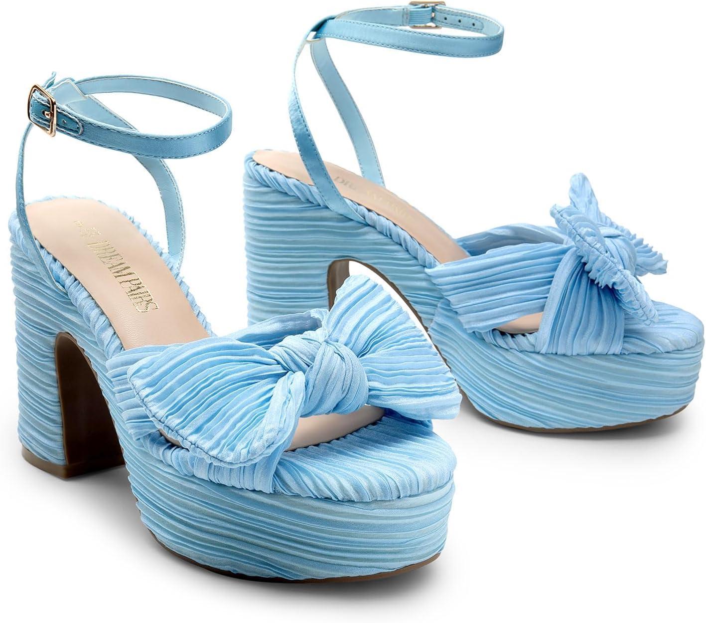 imageDREAM PAIRS Womens Chunky Platform Heels Sandals Pleated Bow Knot Ankle Buckle Strap Heeled Sandals Open Toe Comfortable Wedding Party Dress ShoesBlue