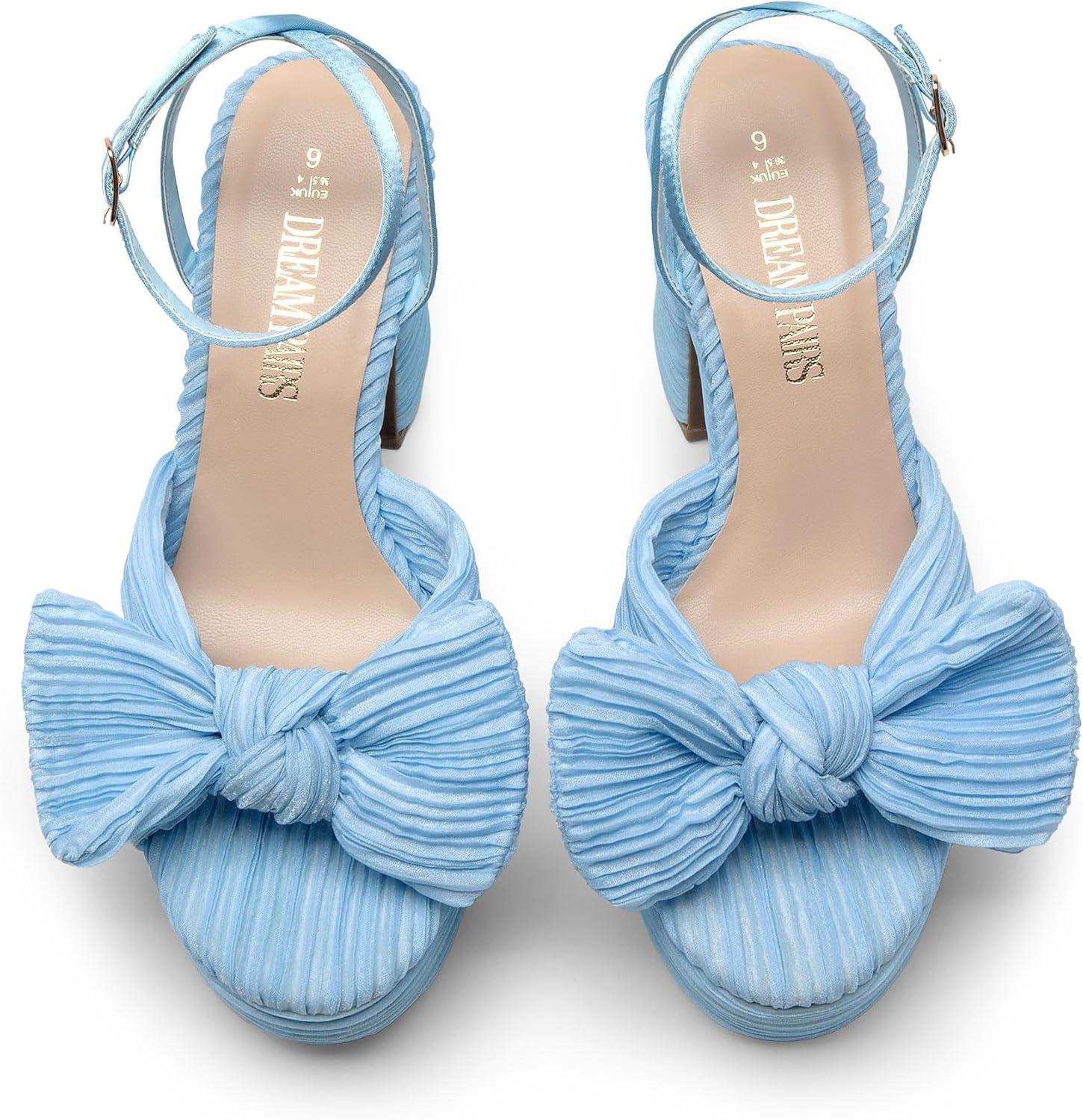 imageDREAM PAIRS Womens Chunky Platform Heels Sandals Pleated Bow Knot Ankle Buckle Strap Heeled Sandals Open Toe Comfortable Wedding Party Dress ShoesBlue