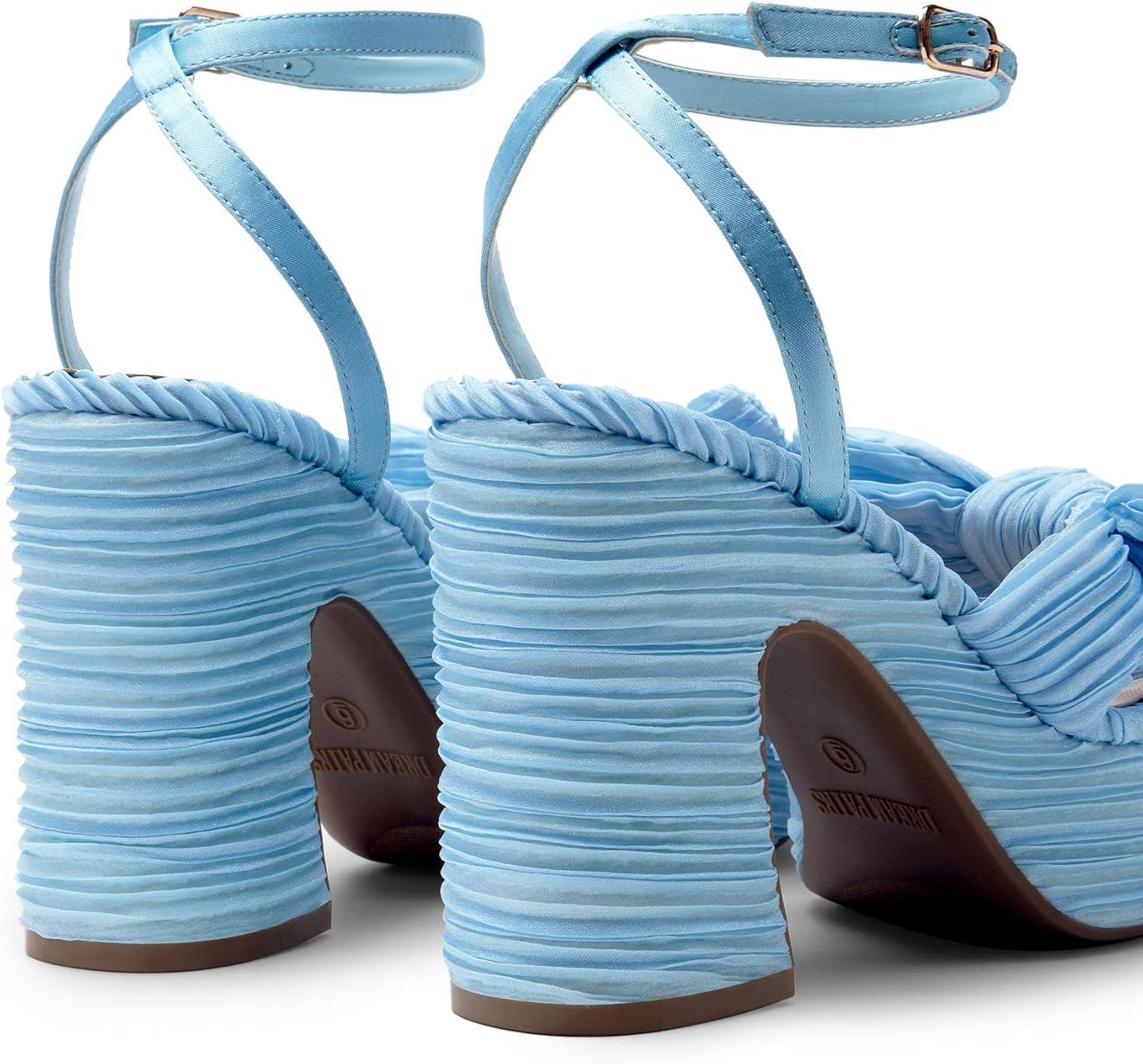 imageDREAM PAIRS Womens Chunky Platform Heels Sandals Pleated Bow Knot Ankle Buckle Strap Heeled Sandals Open Toe Comfortable Wedding Party Dress ShoesBlue