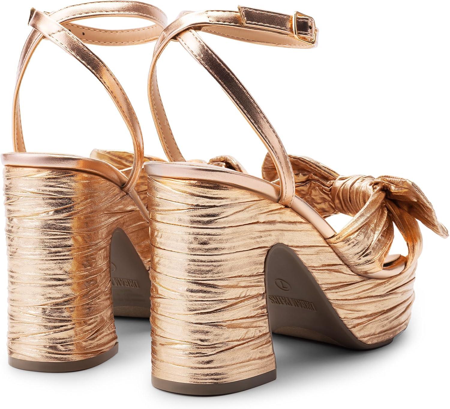 imageDREAM PAIRS Womens Chunky Platform Heels Sandals Pleated Bow Knot Ankle Buckle Strap Heeled Sandals Open Toe Comfortable Wedding Party Dress ShoesChampagne