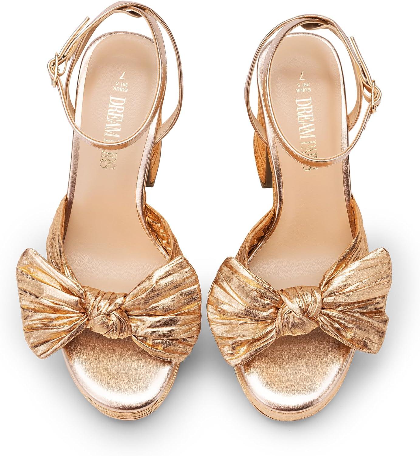 imageDREAM PAIRS Womens Chunky Platform Heels Sandals Pleated Bow Knot Ankle Buckle Strap Heeled Sandals Open Toe Comfortable Wedding Party Dress ShoesChampagne