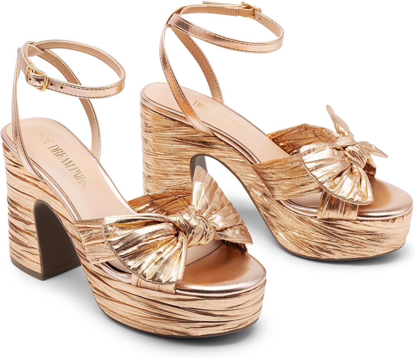 imageDREAM PAIRS Womens Chunky Platform Heels Sandals Pleated Bow Knot Ankle Buckle Strap Heeled Sandals Open Toe Comfortable Wedding Party Dress ShoesChampagne