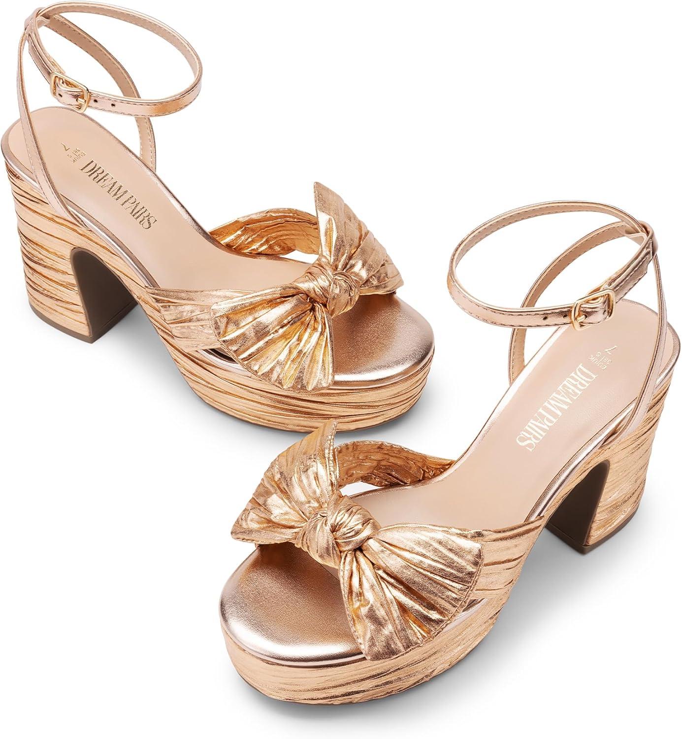 imageDREAM PAIRS Womens Chunky Platform Heels Sandals Pleated Bow Knot Ankle Buckle Strap Heeled Sandals Open Toe Comfortable Wedding Party Dress ShoesChampagne