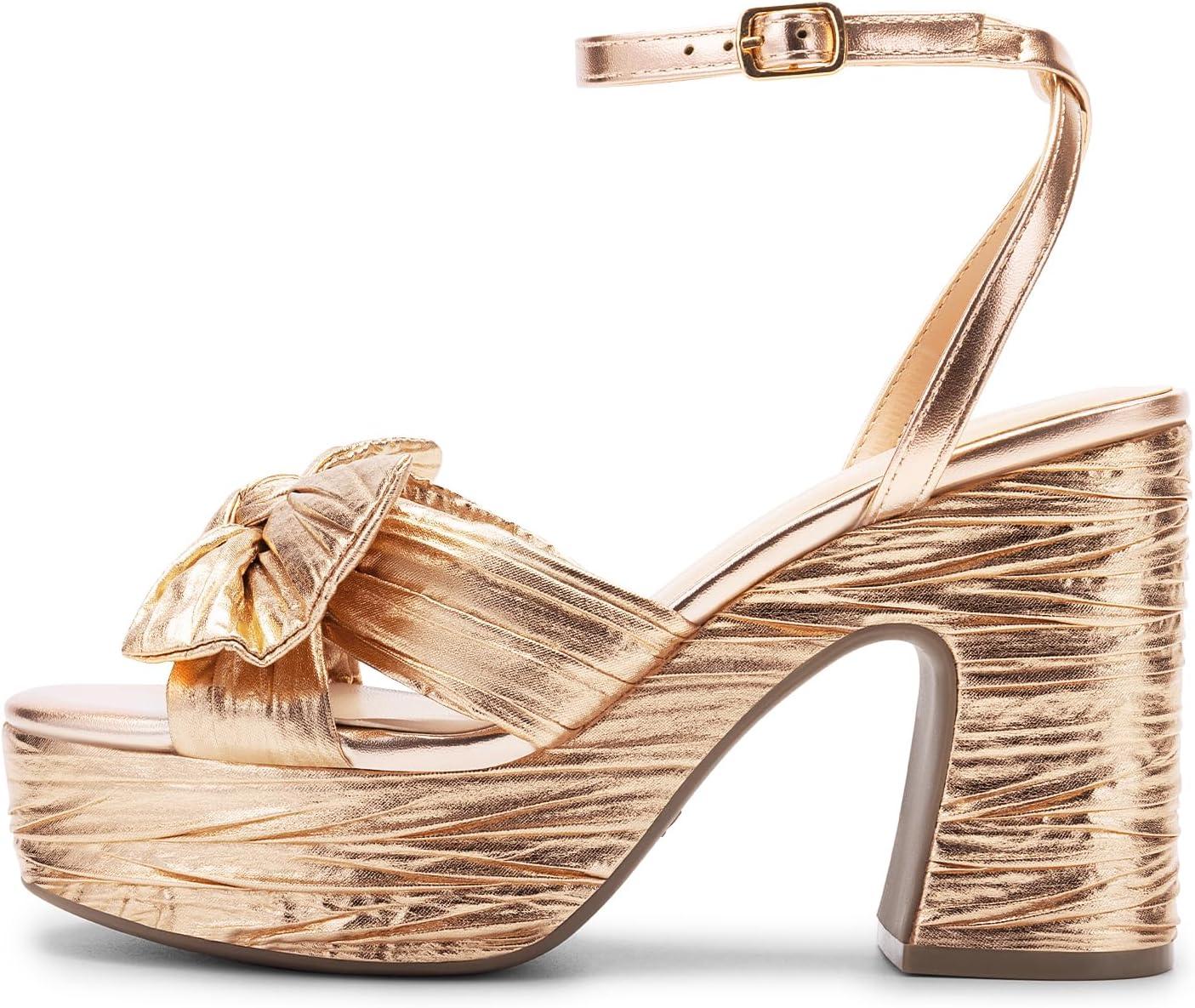 imageDREAM PAIRS Womens Chunky Platform Heels Sandals Pleated Bow Knot Ankle Buckle Strap Heeled Sandals Open Toe Comfortable Wedding Party Dress ShoesChampagne