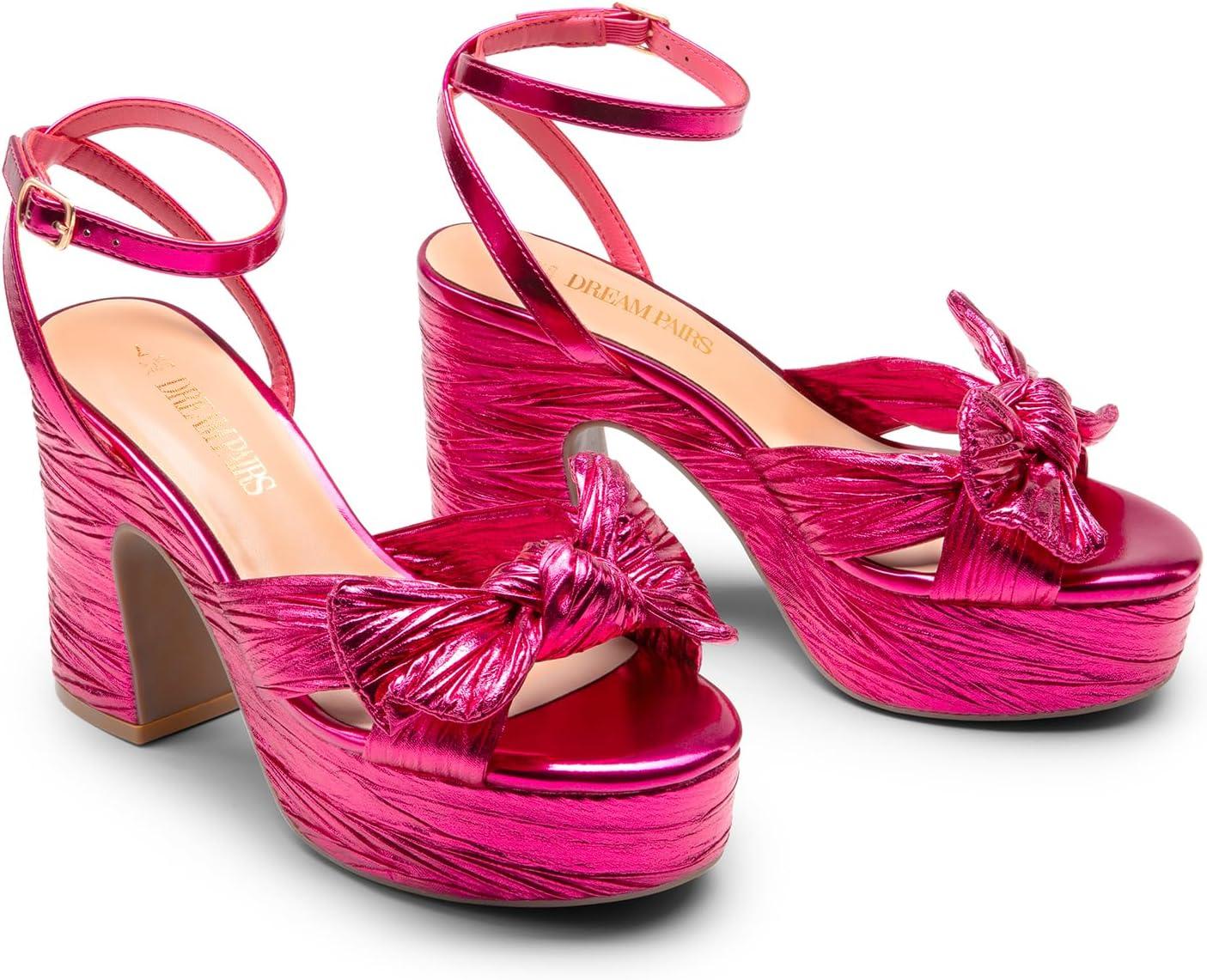 imageDREAM PAIRS Womens Chunky Platform Heels Sandals Pleated Bow Knot Ankle Buckle Strap Heeled Sandals Open Toe Comfortable Wedding Party Dress ShoesHot Pink
