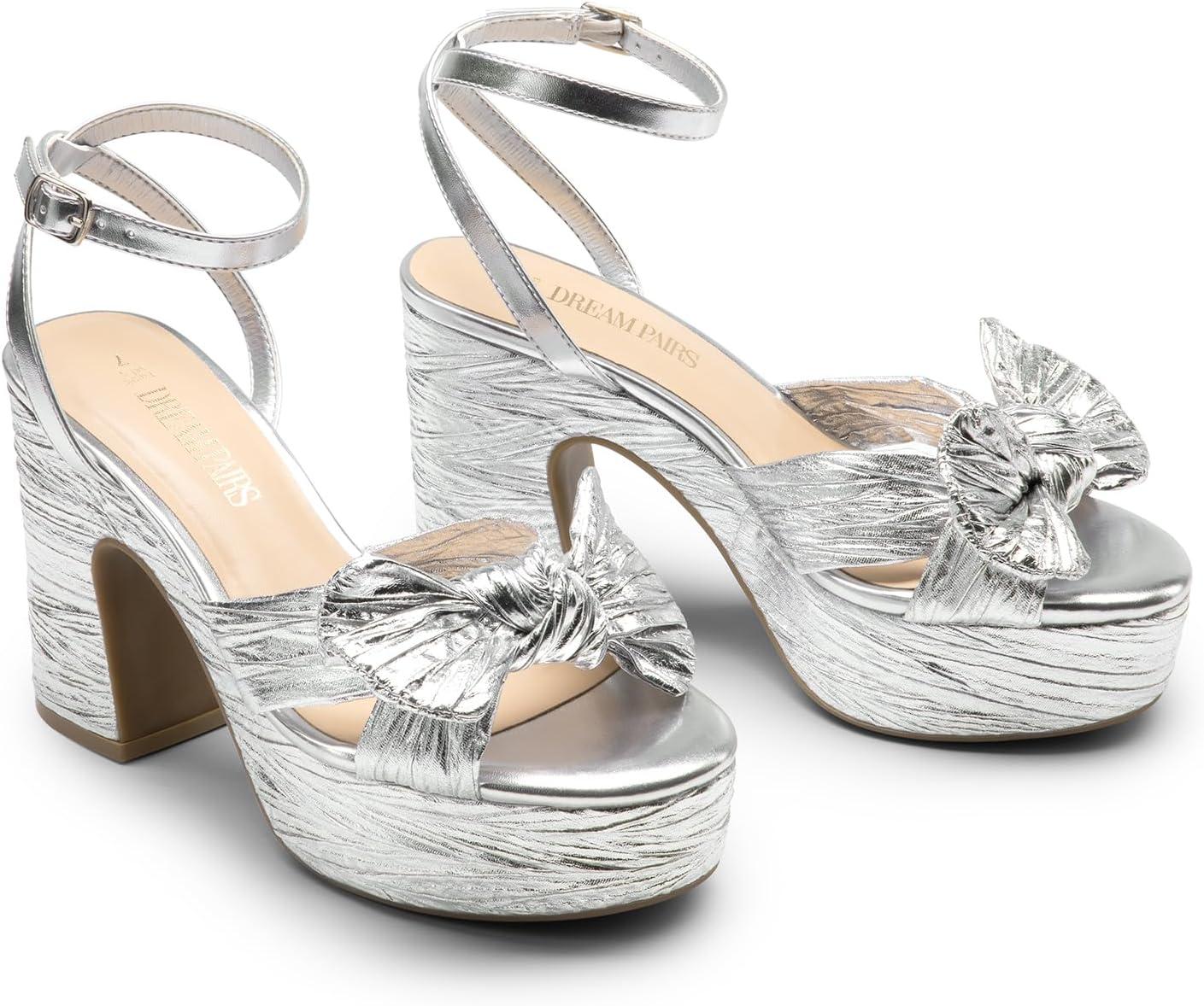 imageDREAM PAIRS Womens Chunky Platform Heels Sandals Pleated Bow Knot Ankle Buckle Strap Heeled Sandals Open Toe Comfortable Wedding Party Dress ShoesSilver