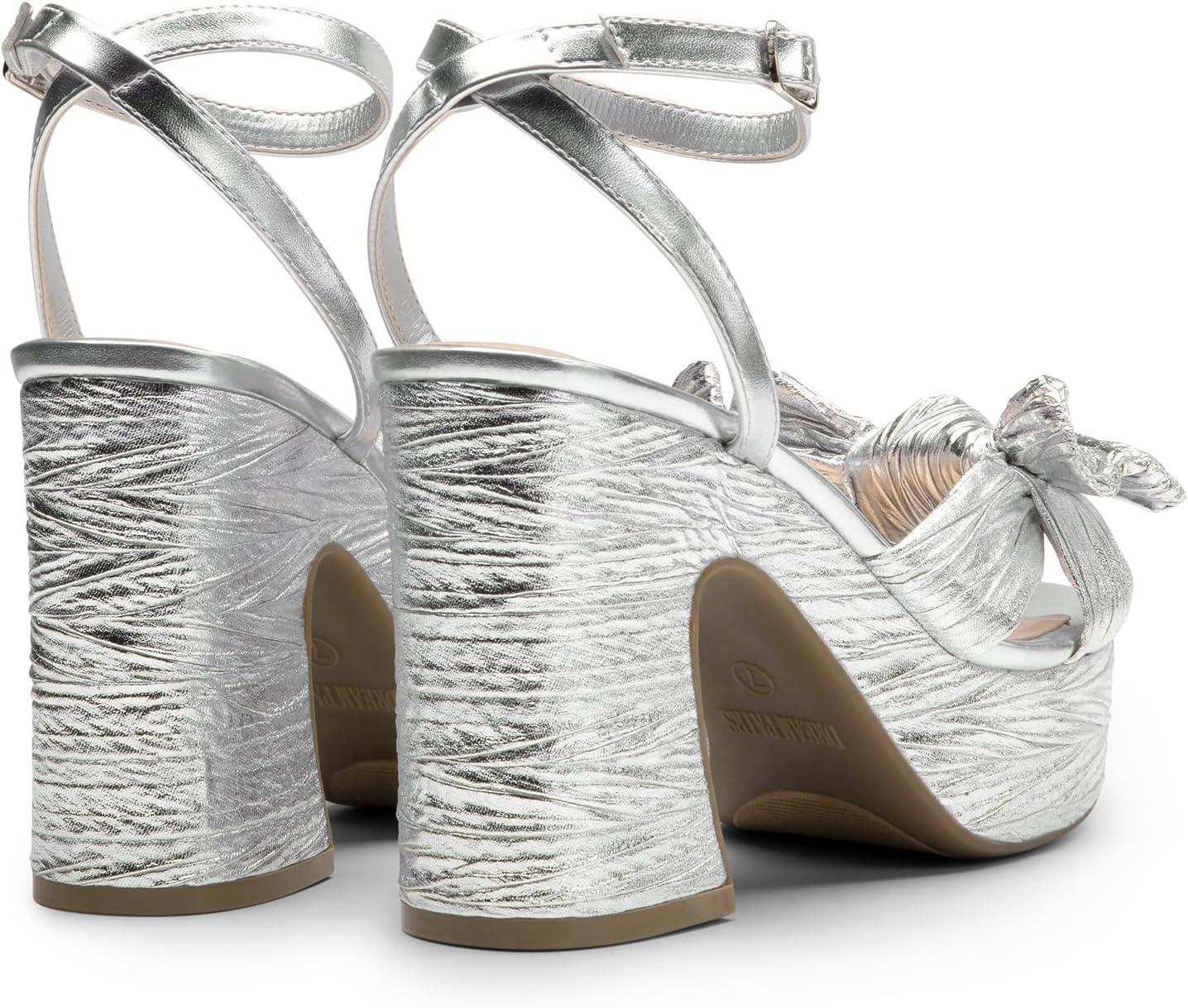 imageDREAM PAIRS Womens Chunky Platform Heels Sandals Pleated Bow Knot Ankle Buckle Strap Heeled Sandals Open Toe Comfortable Wedding Party Dress ShoesSilver