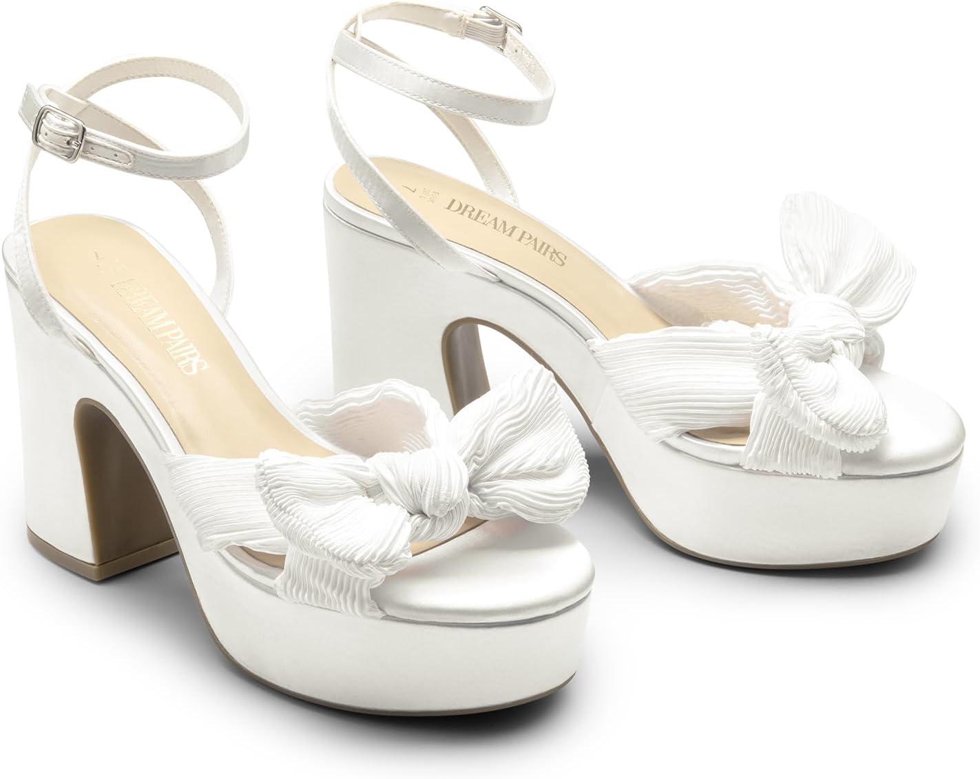imageDREAM PAIRS Womens Chunky Platform Heels Sandals Pleated Bow Knot Ankle Buckle Strap Heeled Sandals Open Toe Comfortable Wedding Party Dress ShoesWhitesatin