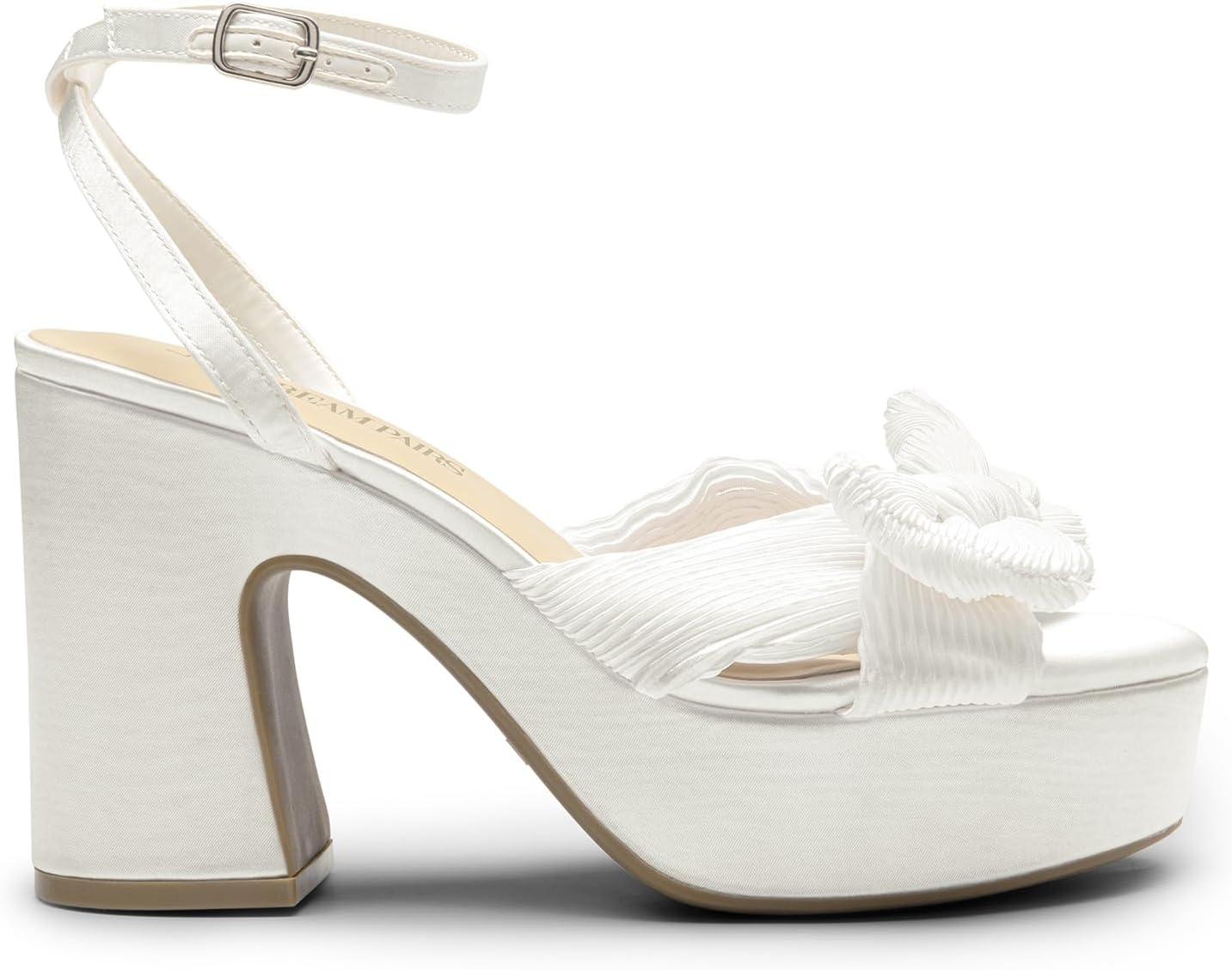 imageDREAM PAIRS Womens Chunky Platform Heels Sandals Pleated Bow Knot Ankle Buckle Strap Heeled Sandals Open Toe Comfortable Wedding Party Dress ShoesWhitesatin